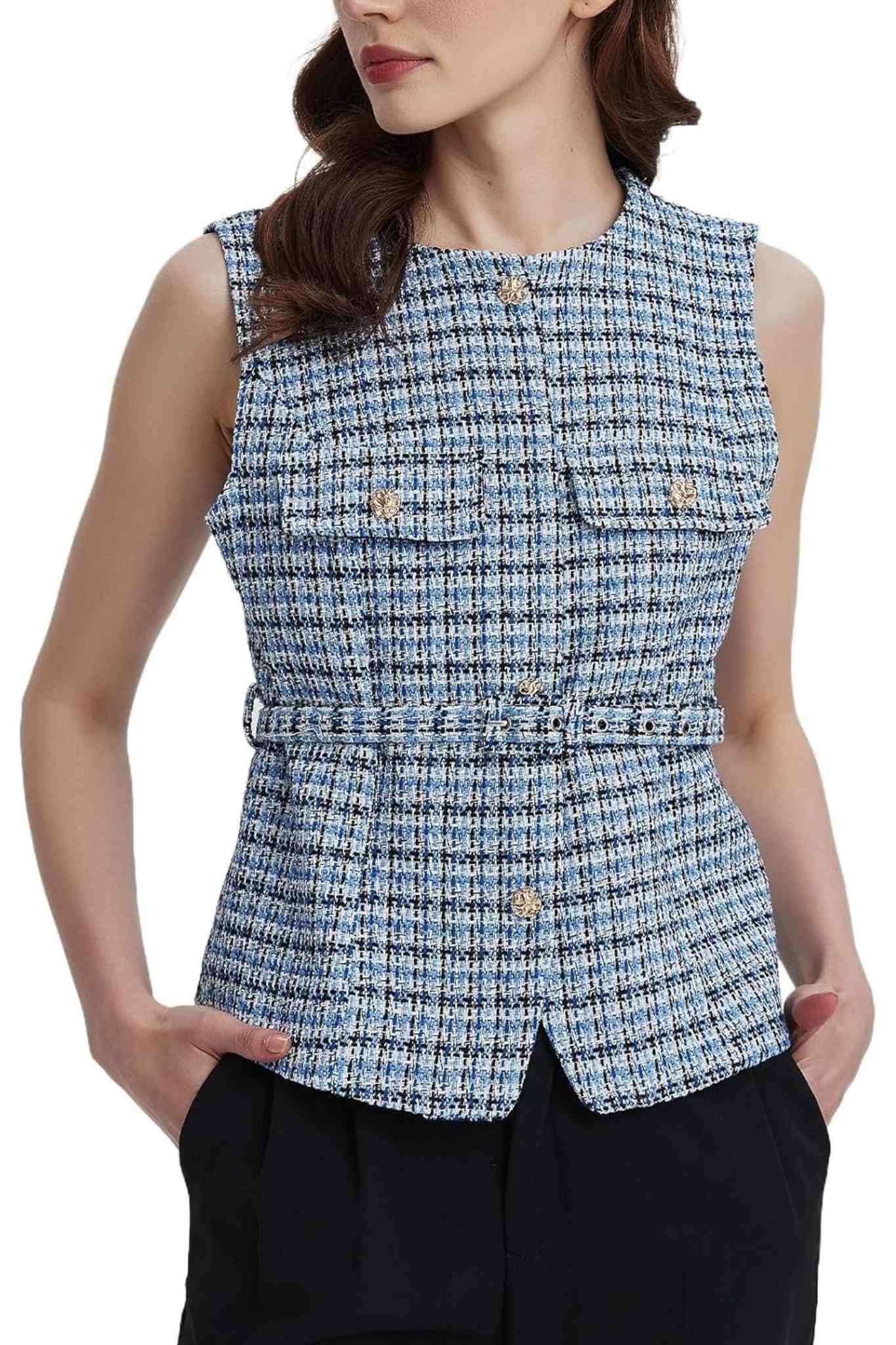 Lifeshe Elegant Sleeveless Belted Tweed Vest With Gold Buttons