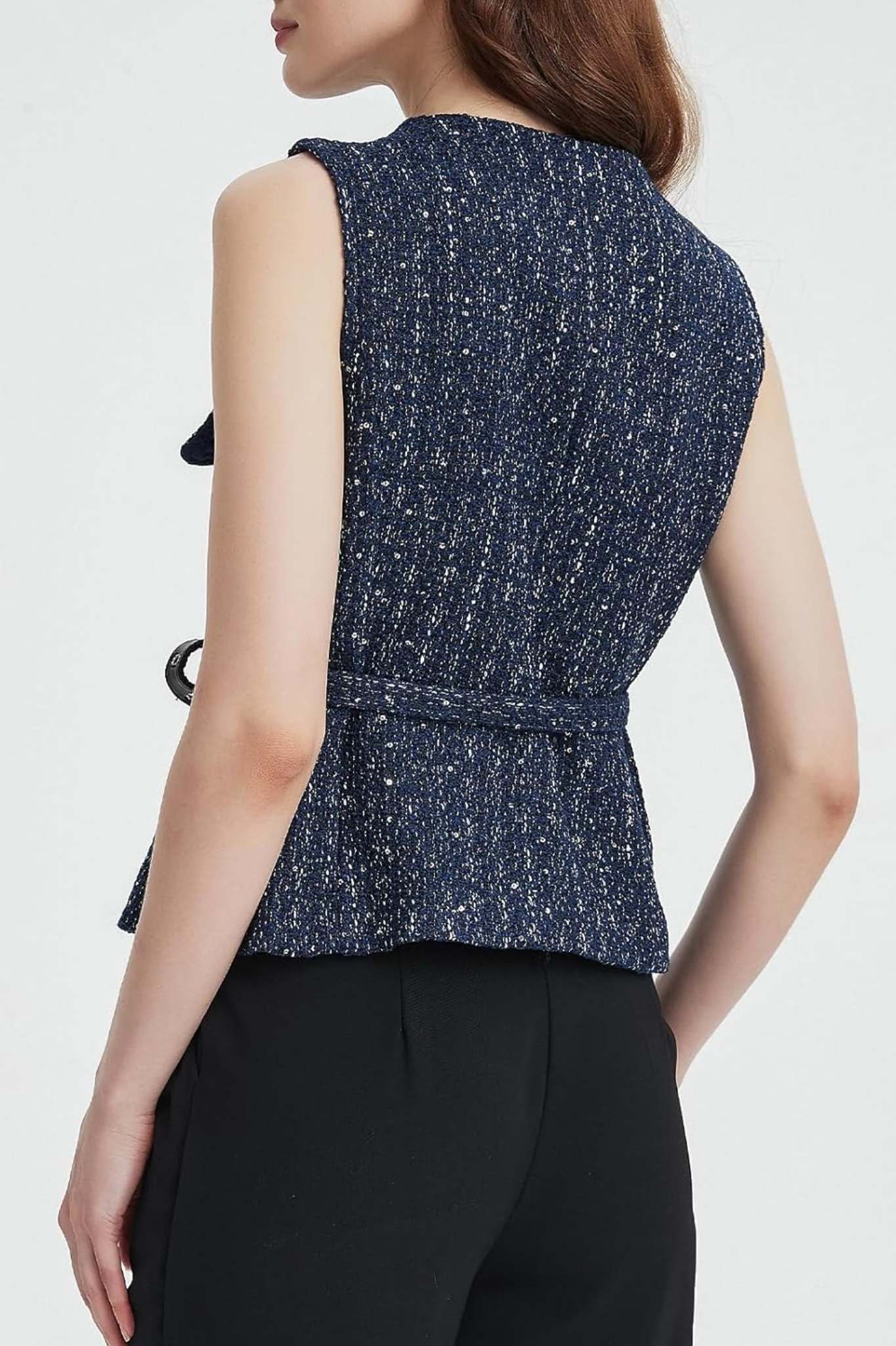 Lifeshe Elegant Sleeveless Belted Tweed Vest With Gold Buttons