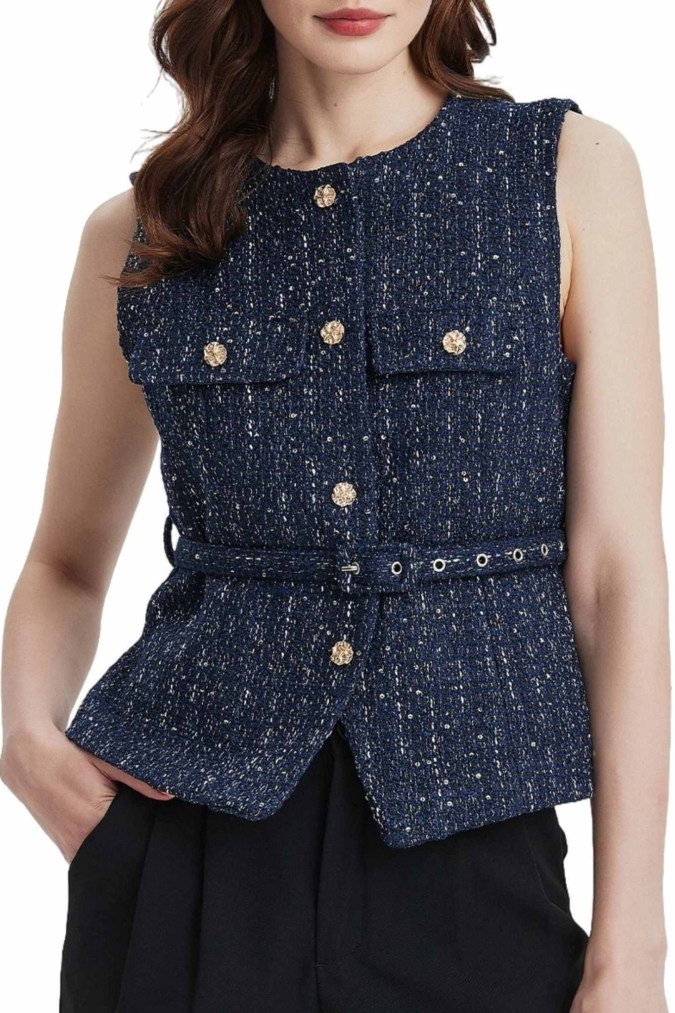 Lifeshe Elegant Sleeveless Belted Tweed Vest With Gold Buttons