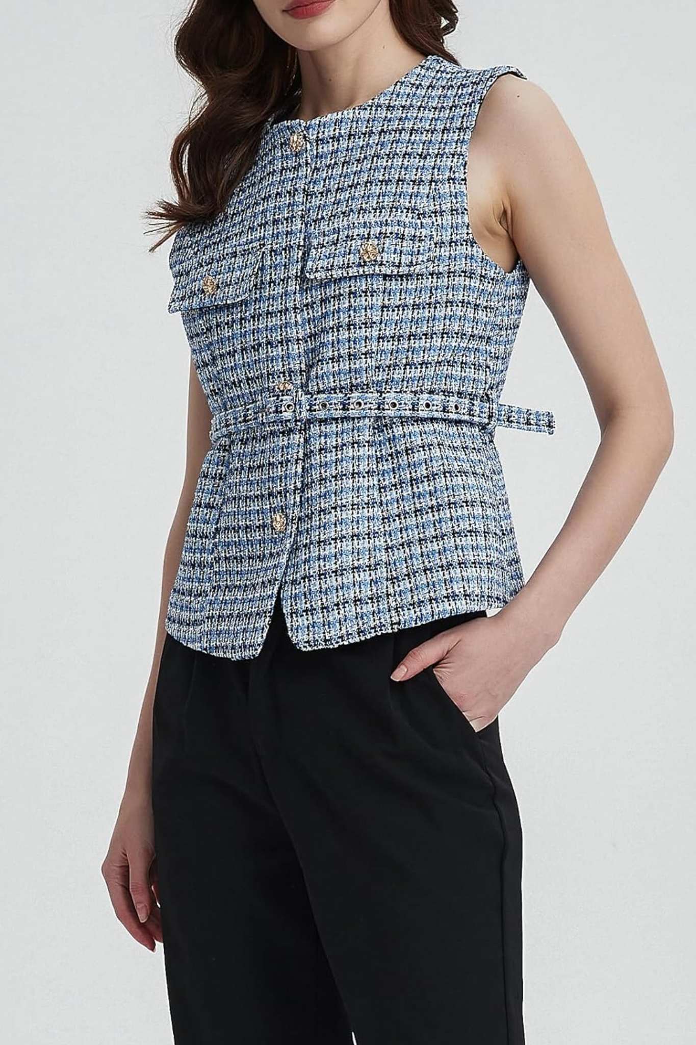 Lifeshe Elegant Sleeveless Belted Tweed Vest With Gold Buttons