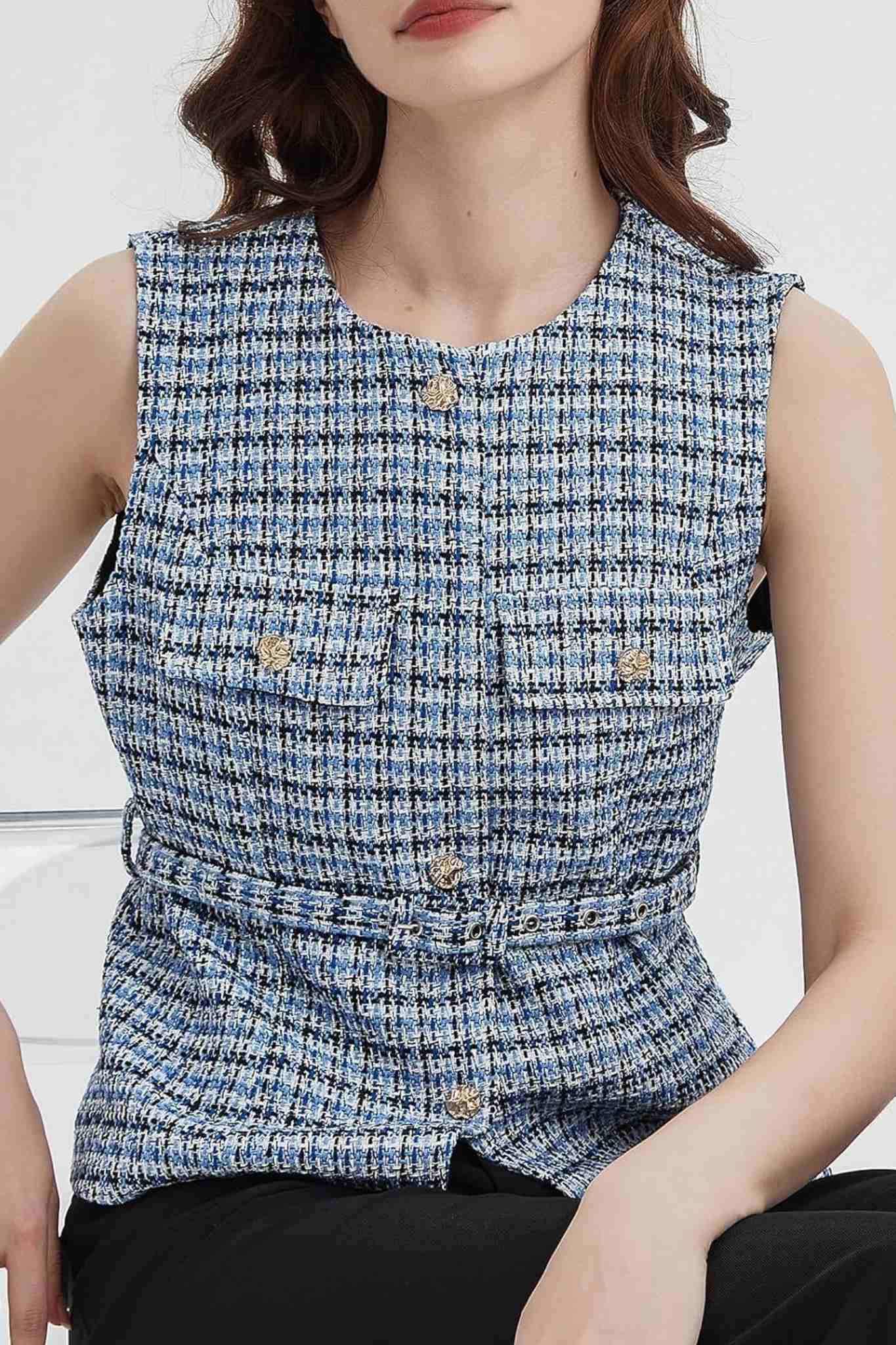 Lifeshe Elegant Sleeveless Belted Tweed Vest With Gold Buttons