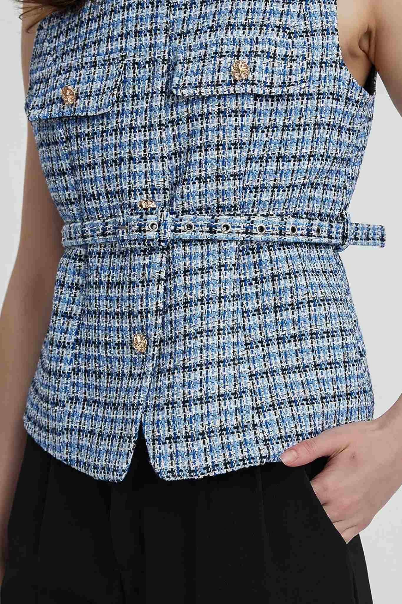 Lifeshe Elegant Sleeveless Belted Tweed Vest With Gold Buttons