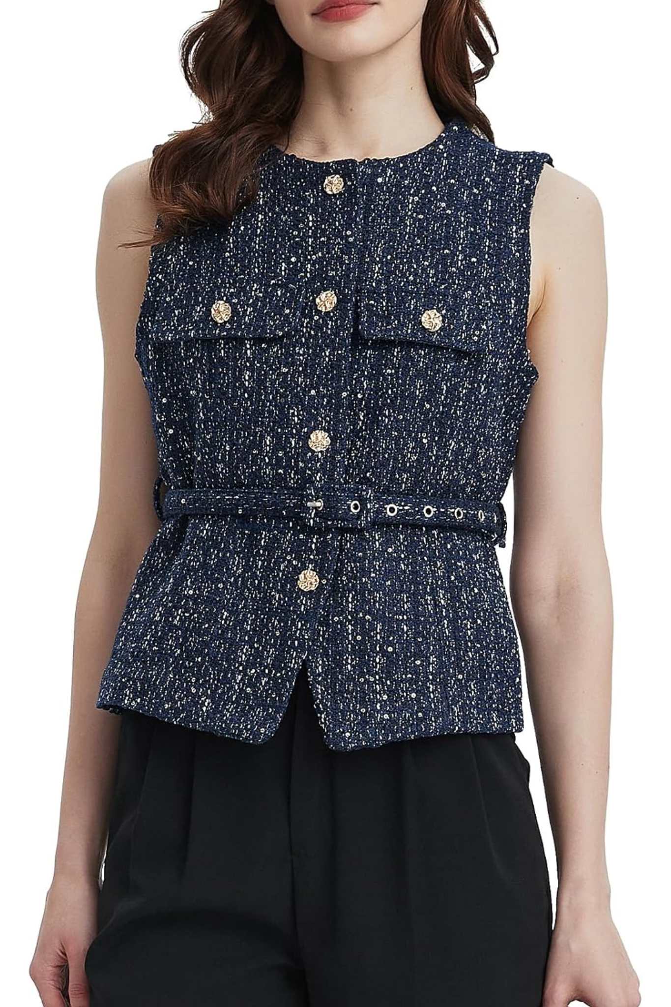 Lifeshe Elegant Sleeveless Belted Tweed Vest With Gold Buttons