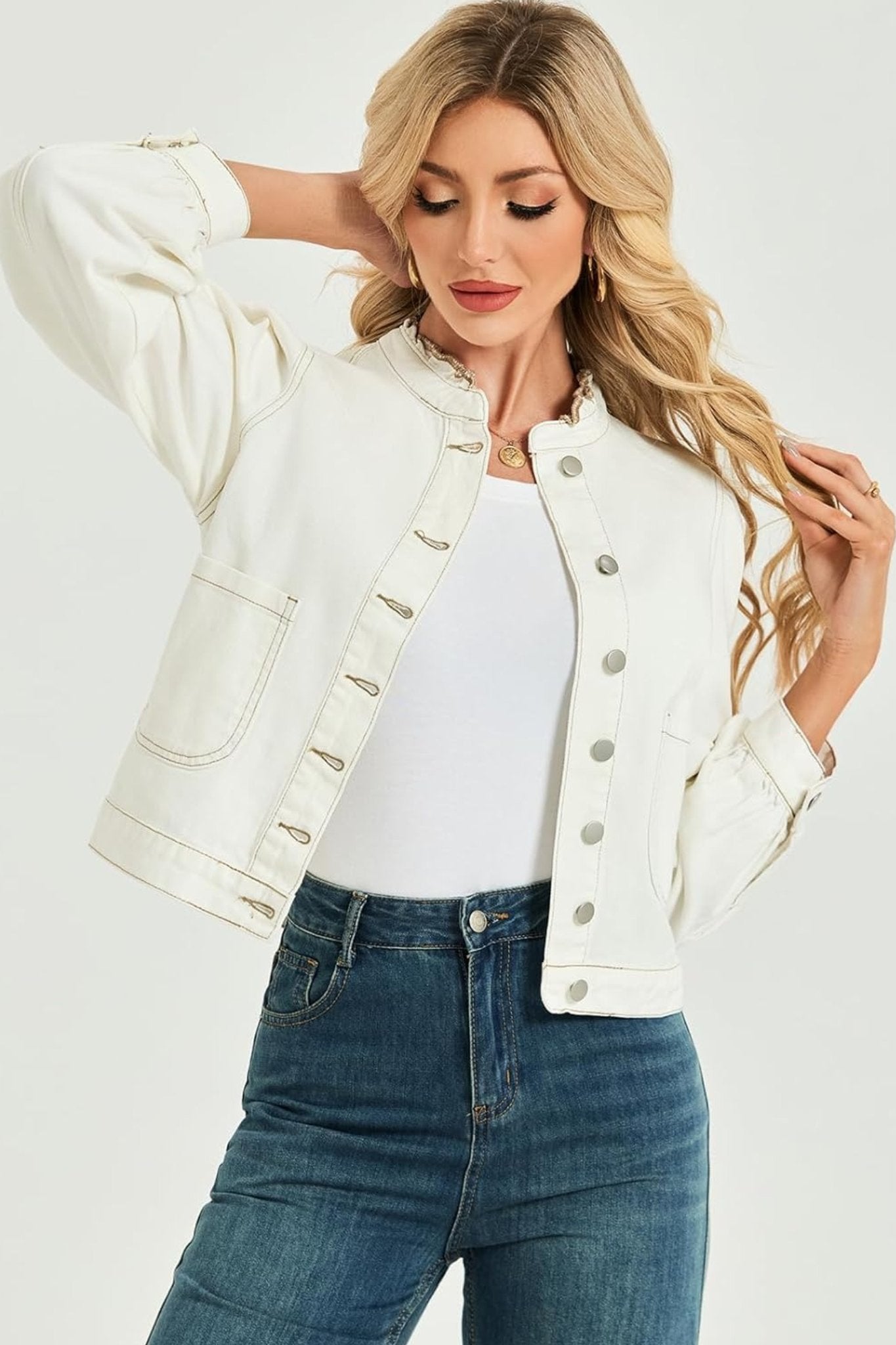 Lifeshe Vintage Frill Collar Puff Sleeve Denim Jacket With Pockets