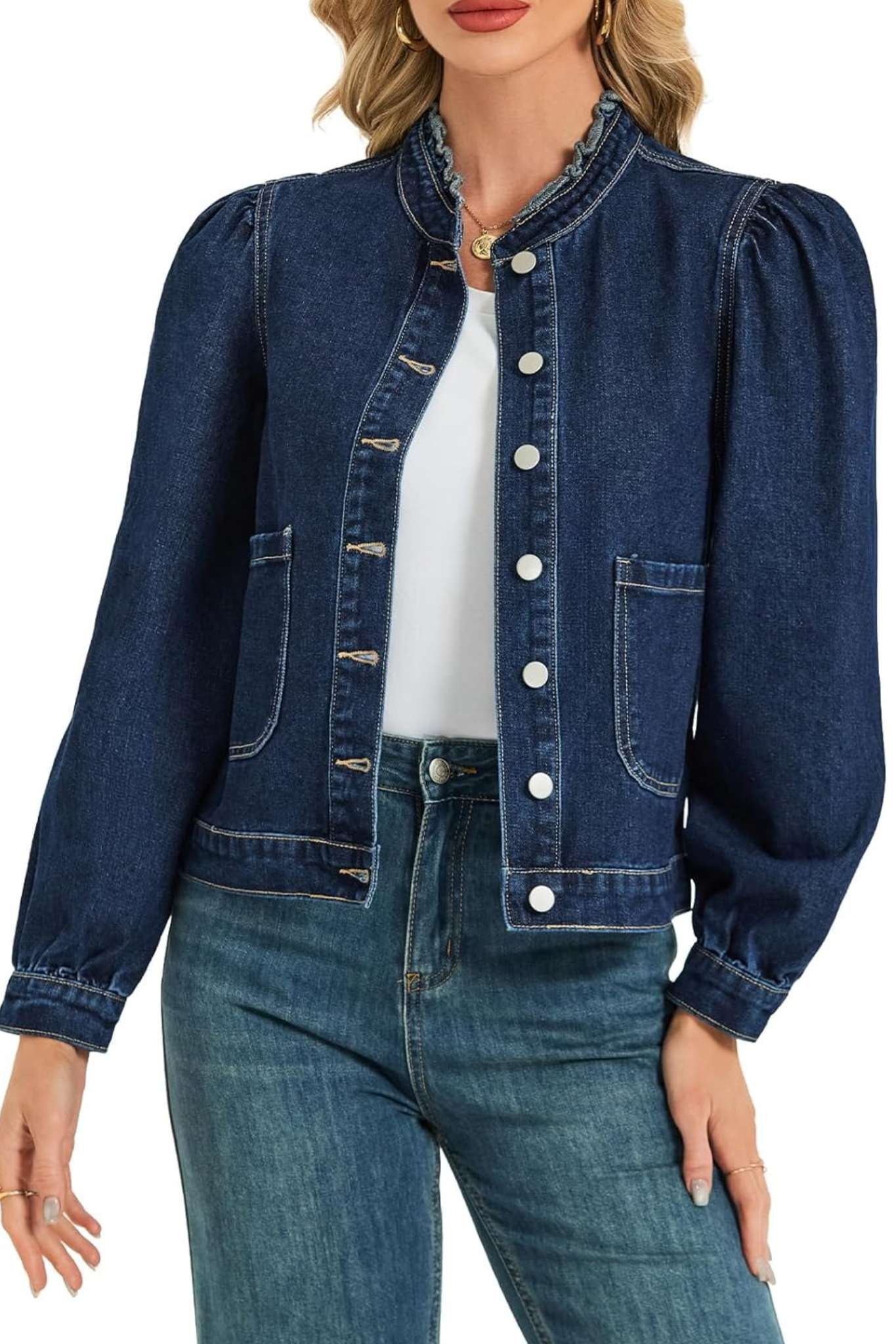 Lifeshe Vintage Frill Collar Puff Sleeve Denim Jacket With Pockets