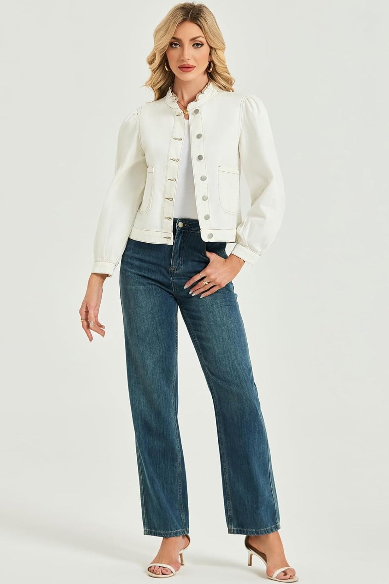 Lifeshe Vintage Frill Collar Puff Sleeve Denim Jacket With Pockets