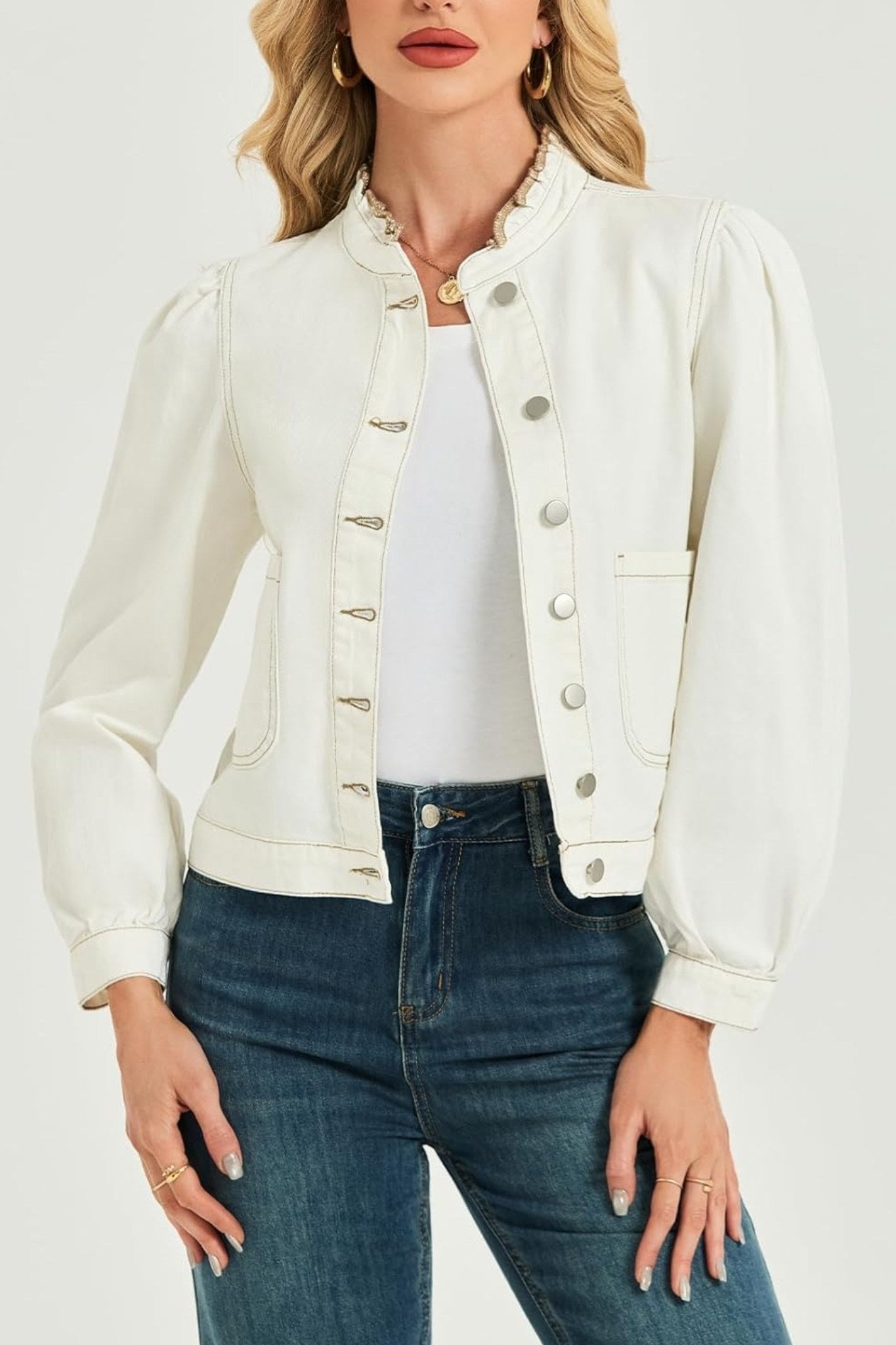 Lifeshe Vintage Frill Collar Puff Sleeve Denim Jacket With Pockets