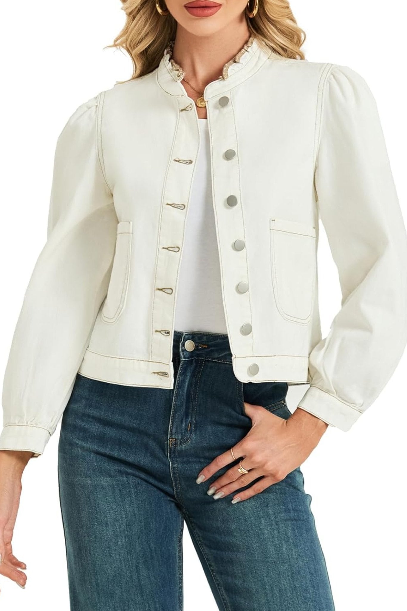Lifeshe Vintage Frill Collar Puff Sleeve Denim Jacket With Pockets