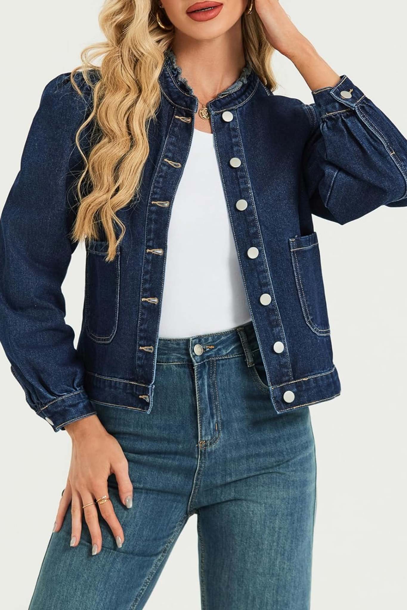 Lifeshe Vintage Frill Collar Puff Sleeve Denim Jacket With Pockets
