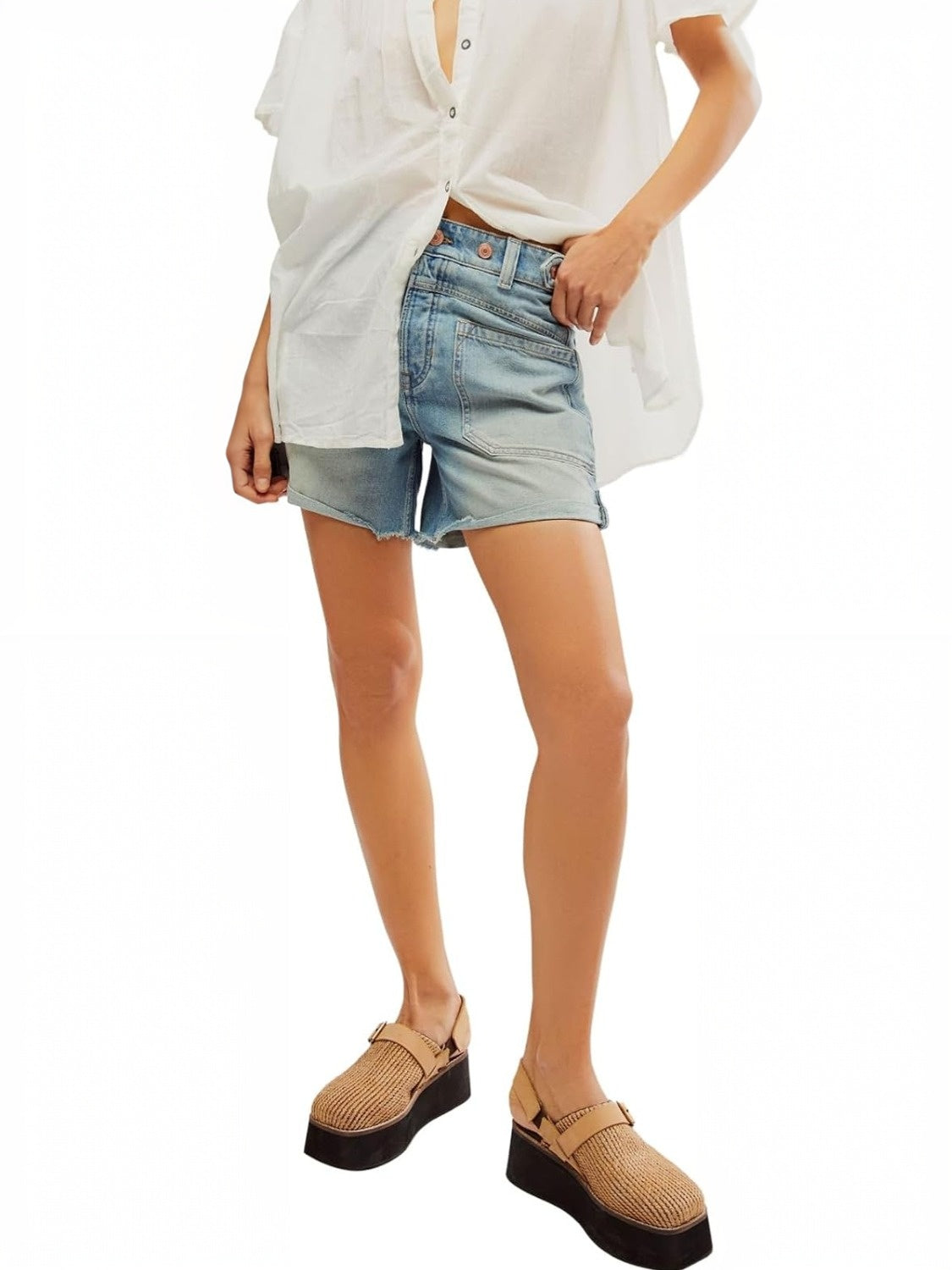 Ezapine Mid Rise Raw Hem Folded Jean Shorts