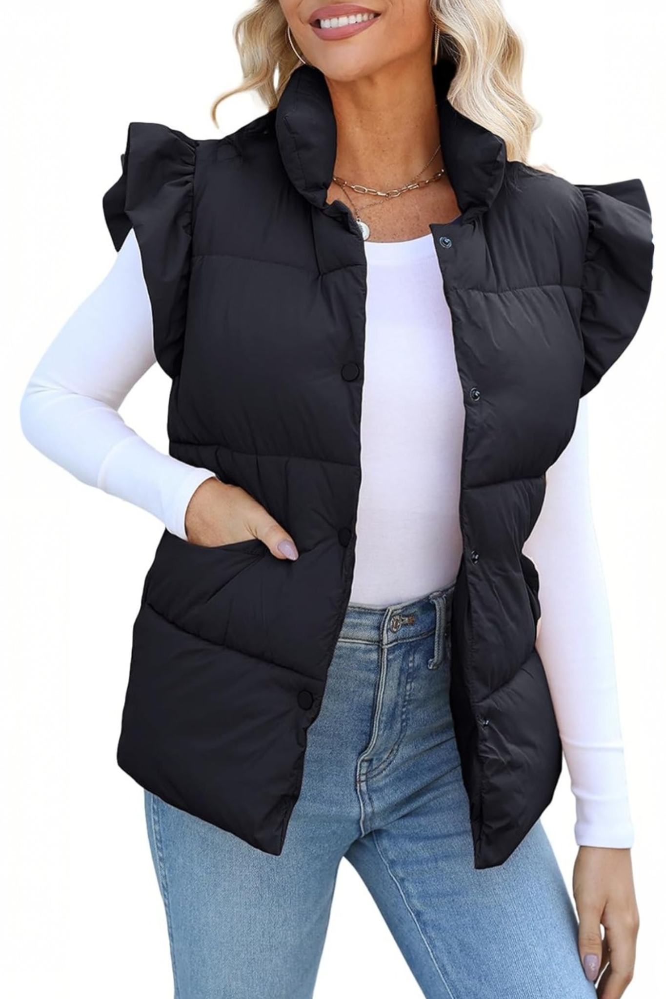 Kedera Ruffle Sleeve Puffer Vest With Pockets