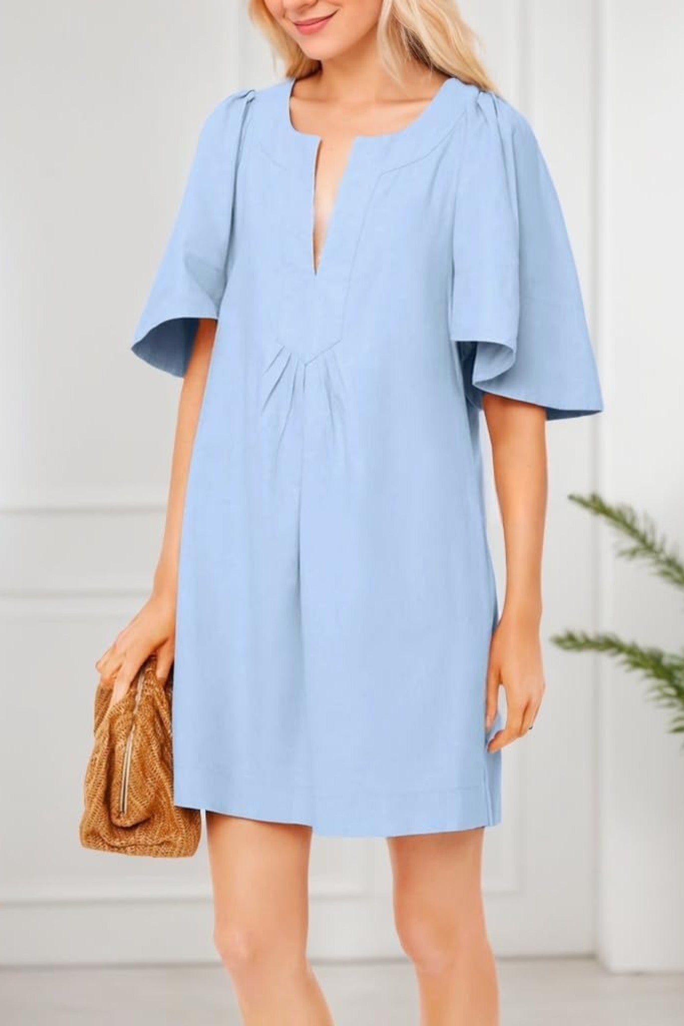 Kedera Loose Fit Flutter Sleeve V Neck Mini Dress