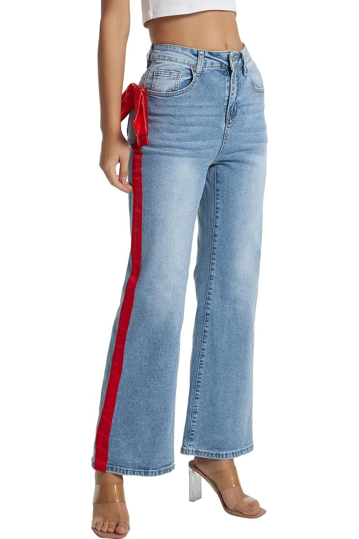Kedera Statement Satin Bow High Waisted Wide Leg Jeans With Side Stripe