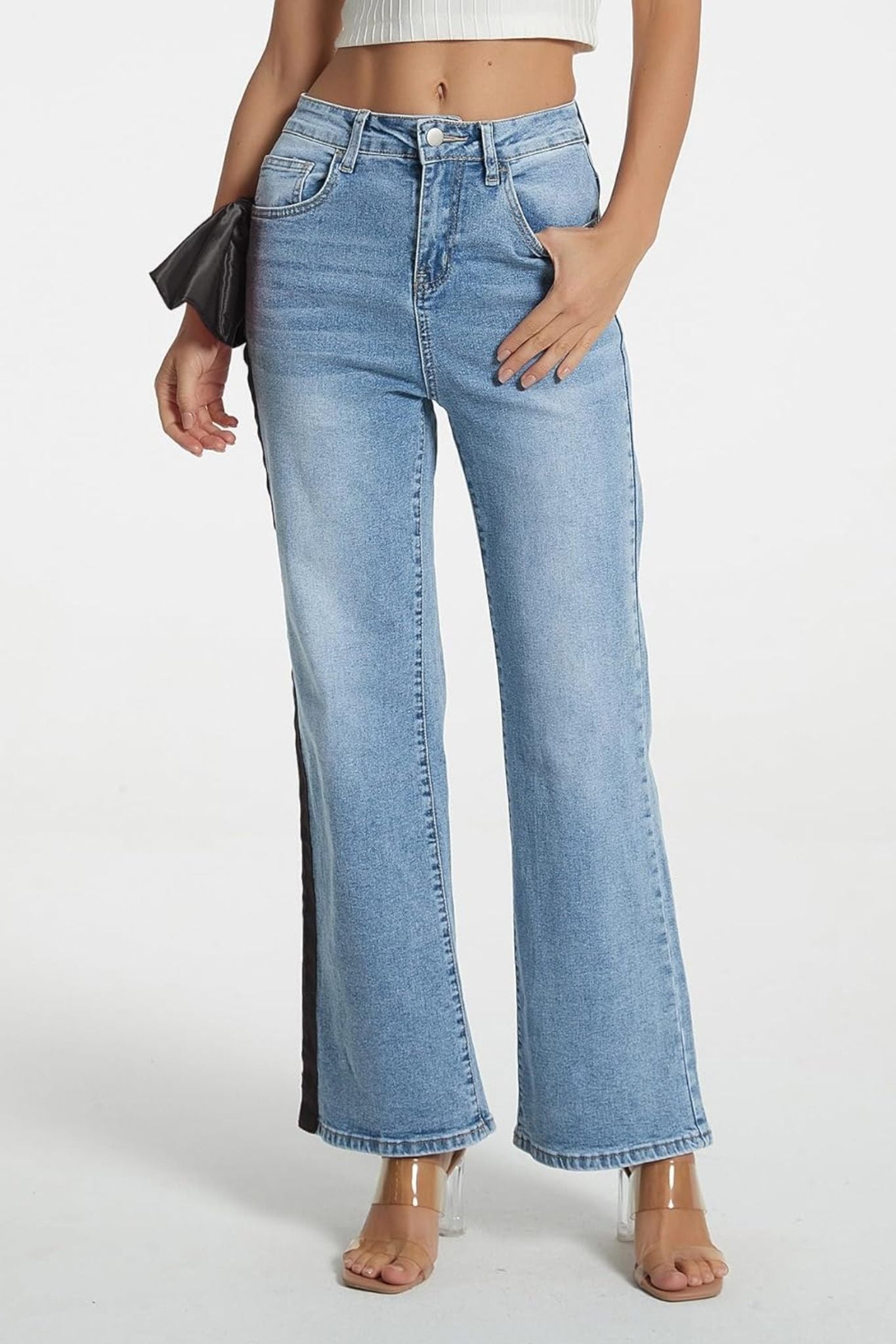 Kedera Statement Satin Bow High Waisted Wide Leg Jeans With Side Stripe
