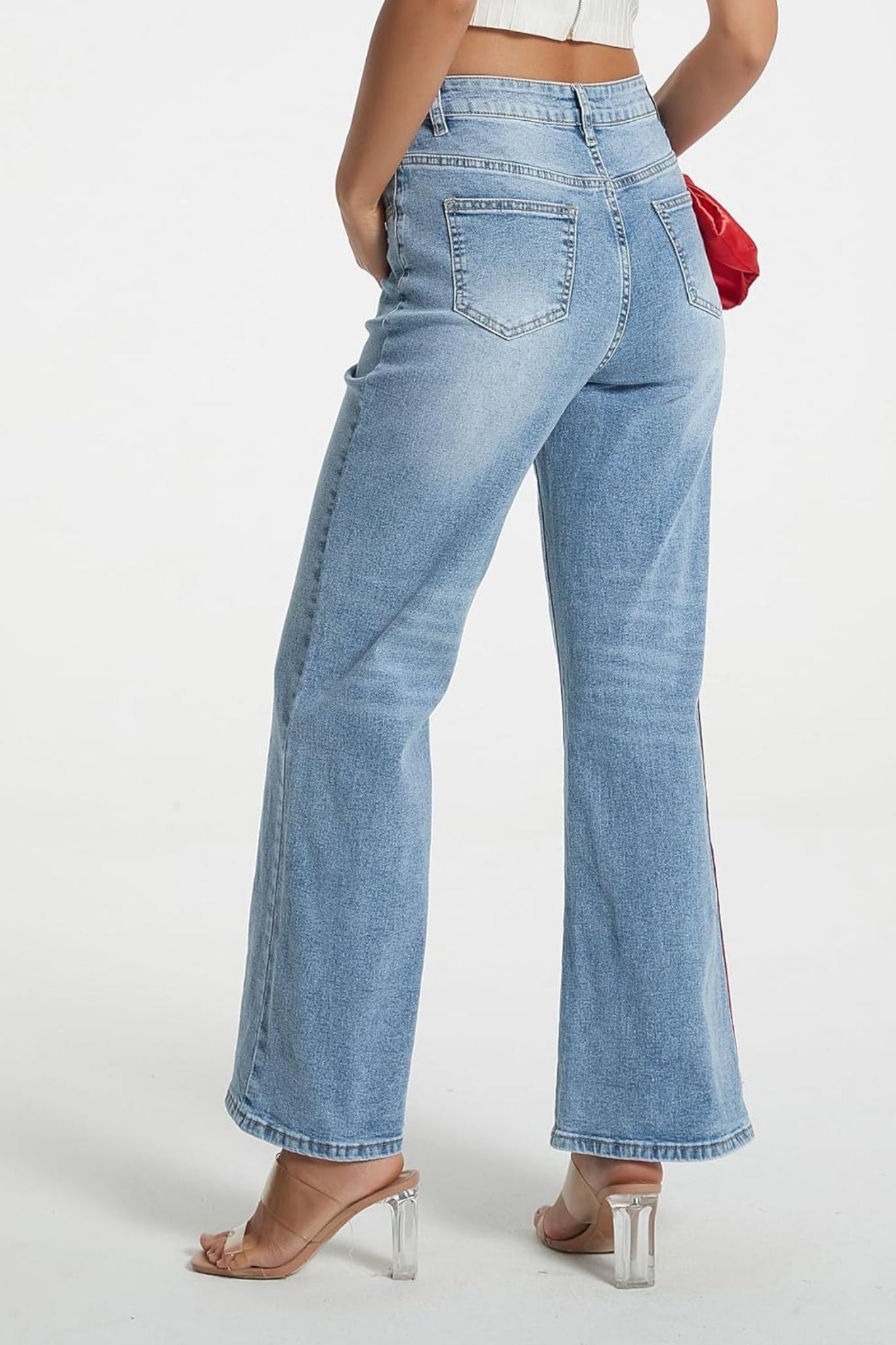 Kedera Statement Satin Bow High Waisted Wide Leg Jeans With Side Stripe