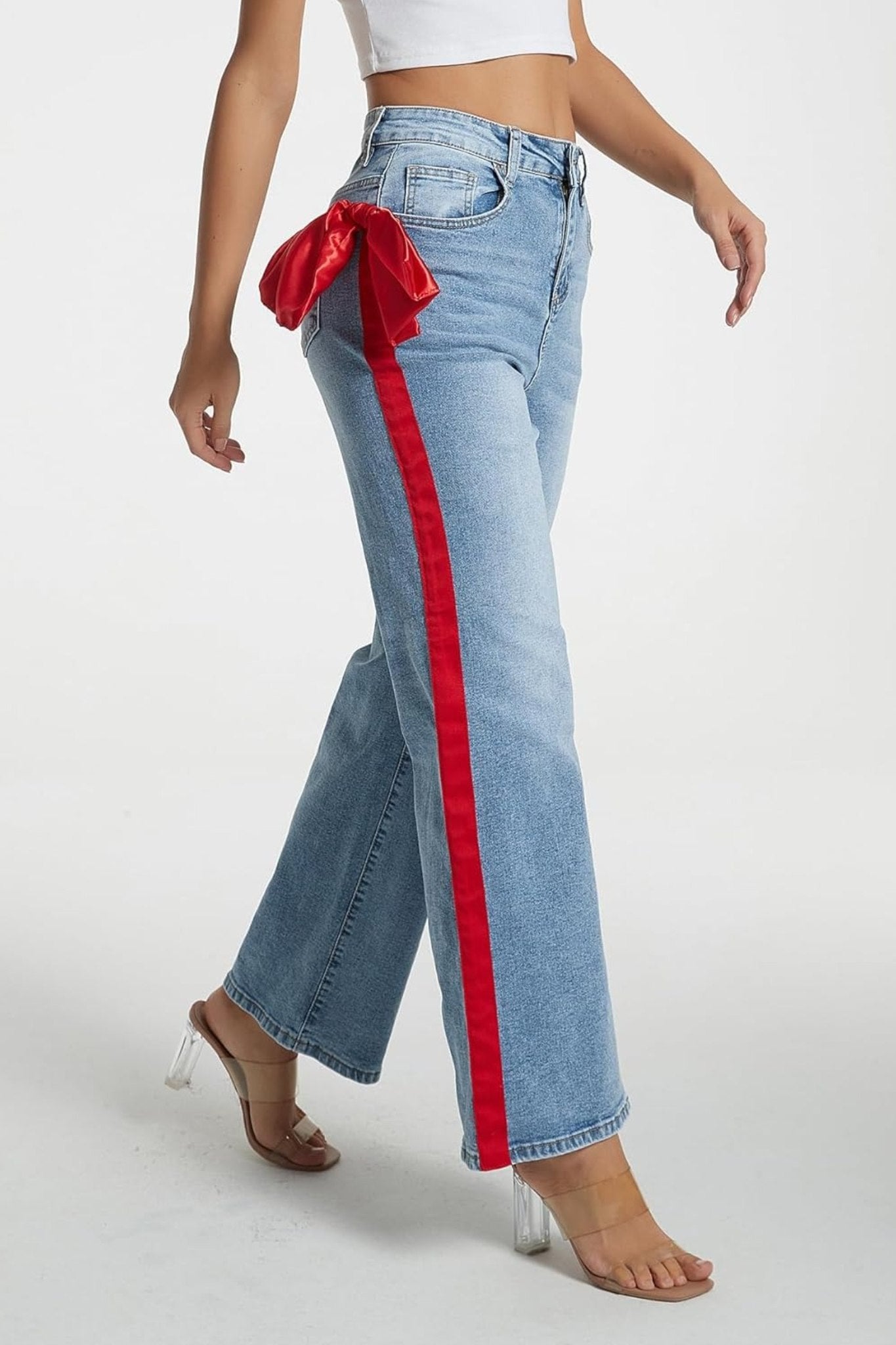 Kedera Statement Satin Bow High Waisted Wide Leg Jeans With Side Stripe