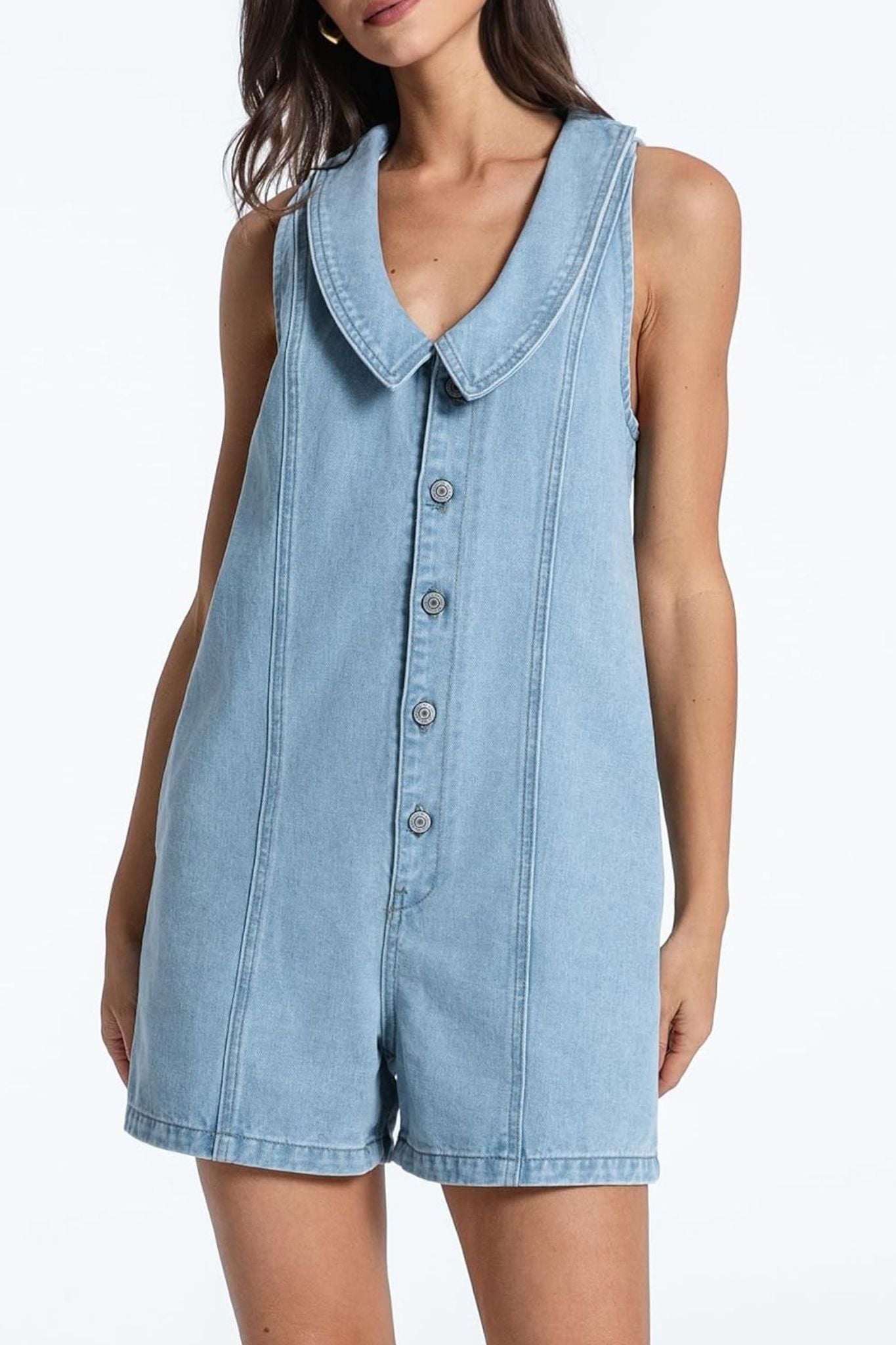 Kedera Retro Charm Oversized Collar Sleeveless Denim Romper With Pockets