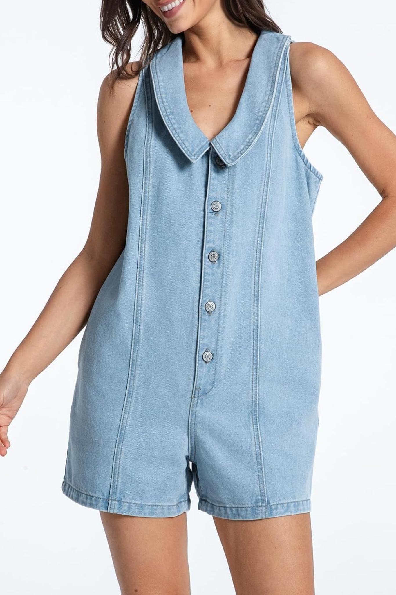 Kedera Retro Charm Oversized Collar Sleeveless Denim Romper With Pockets
