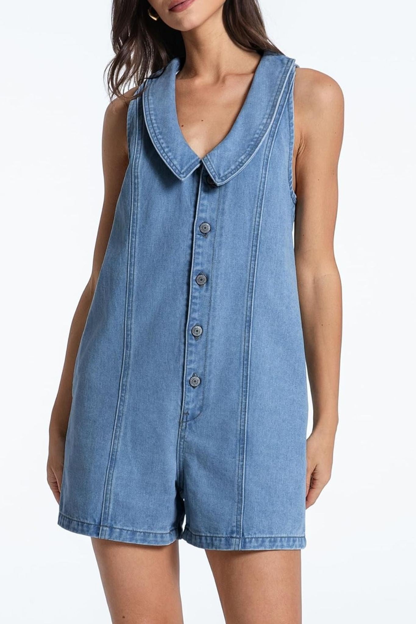 Kedera Retro Charm Oversized Collar Sleeveless Denim Romper With Pockets