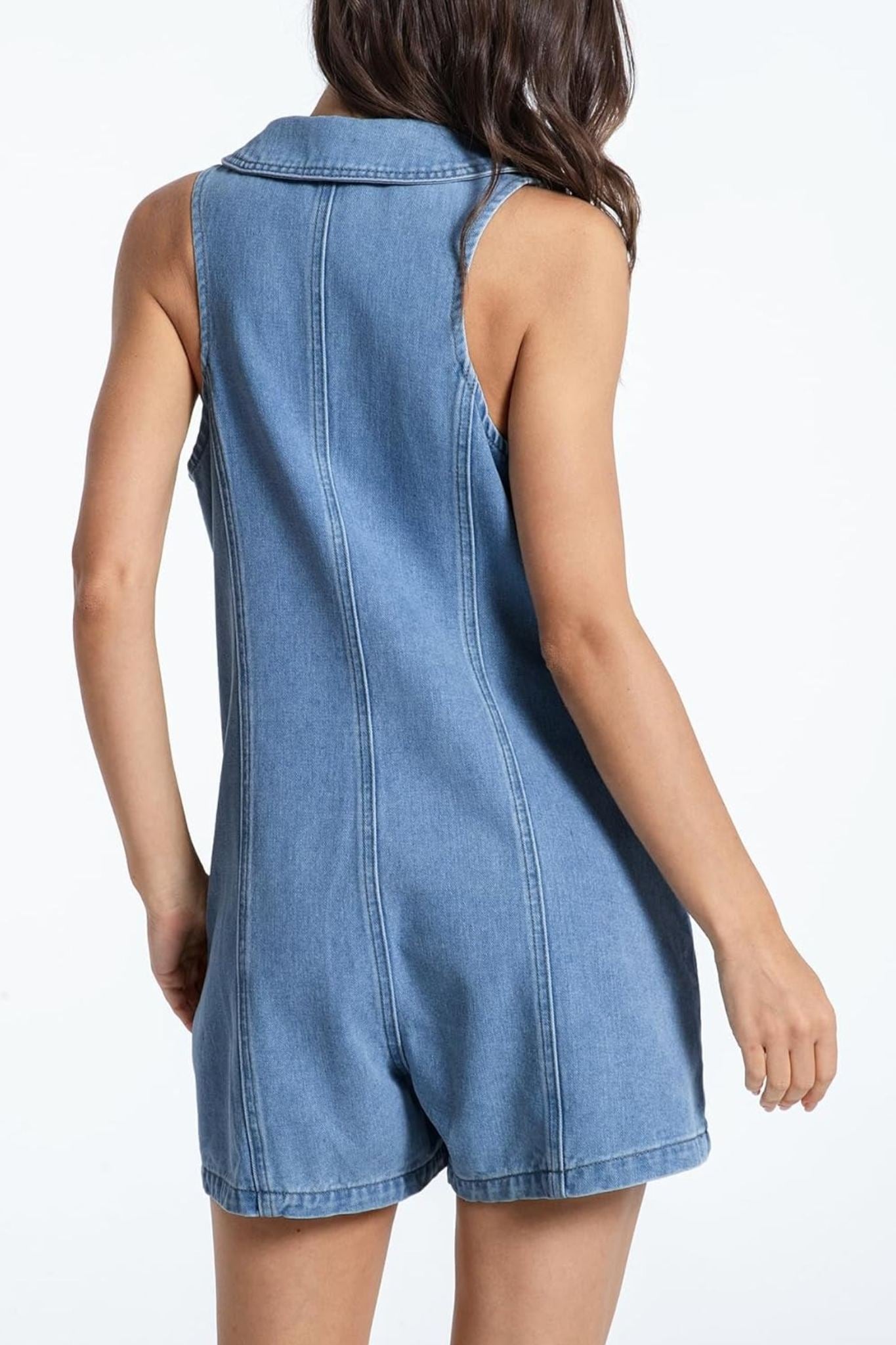 Kedera Retro Charm Oversized Collar Sleeveless Denim Romper With Pockets