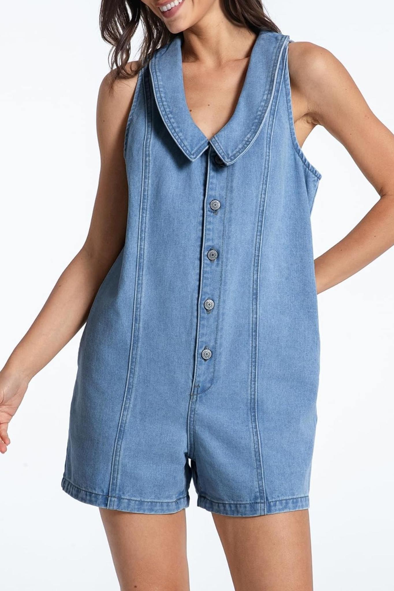 Kedera Retro Charm Oversized Collar Sleeveless Denim Romper With Pockets