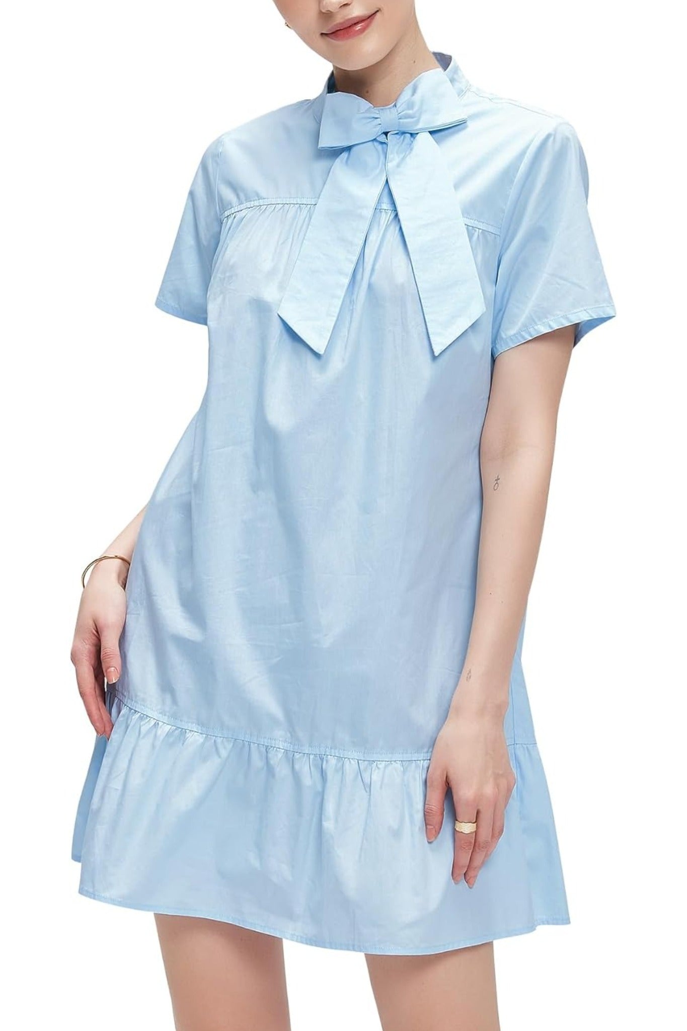 Kedera Chic Bow Tie Neck Tiered Ruffle Mini Dress