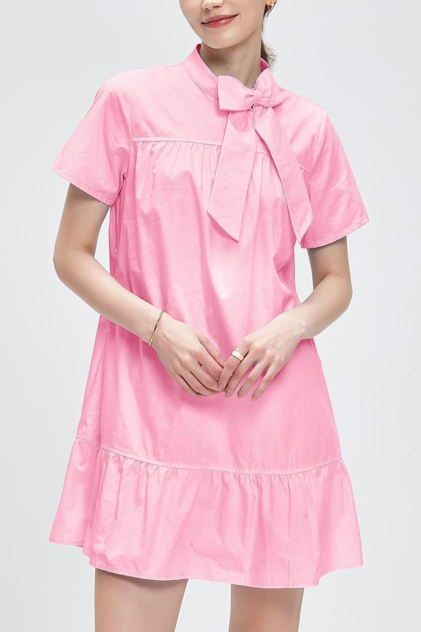 Kedera Chic Bow Tie Neck Tiered Ruffle Mini Dress