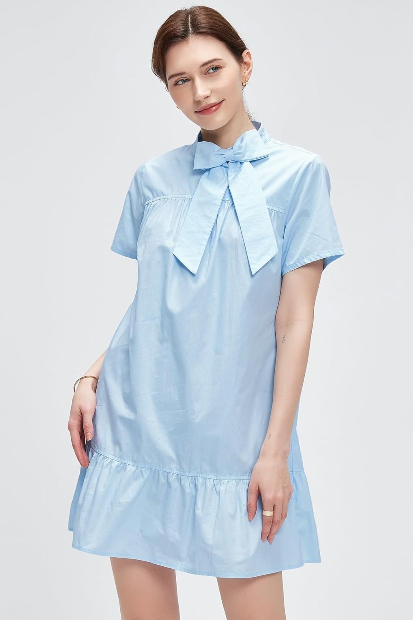 Kedera Chic Bow Tie Neck Tiered Ruffle Mini Dress