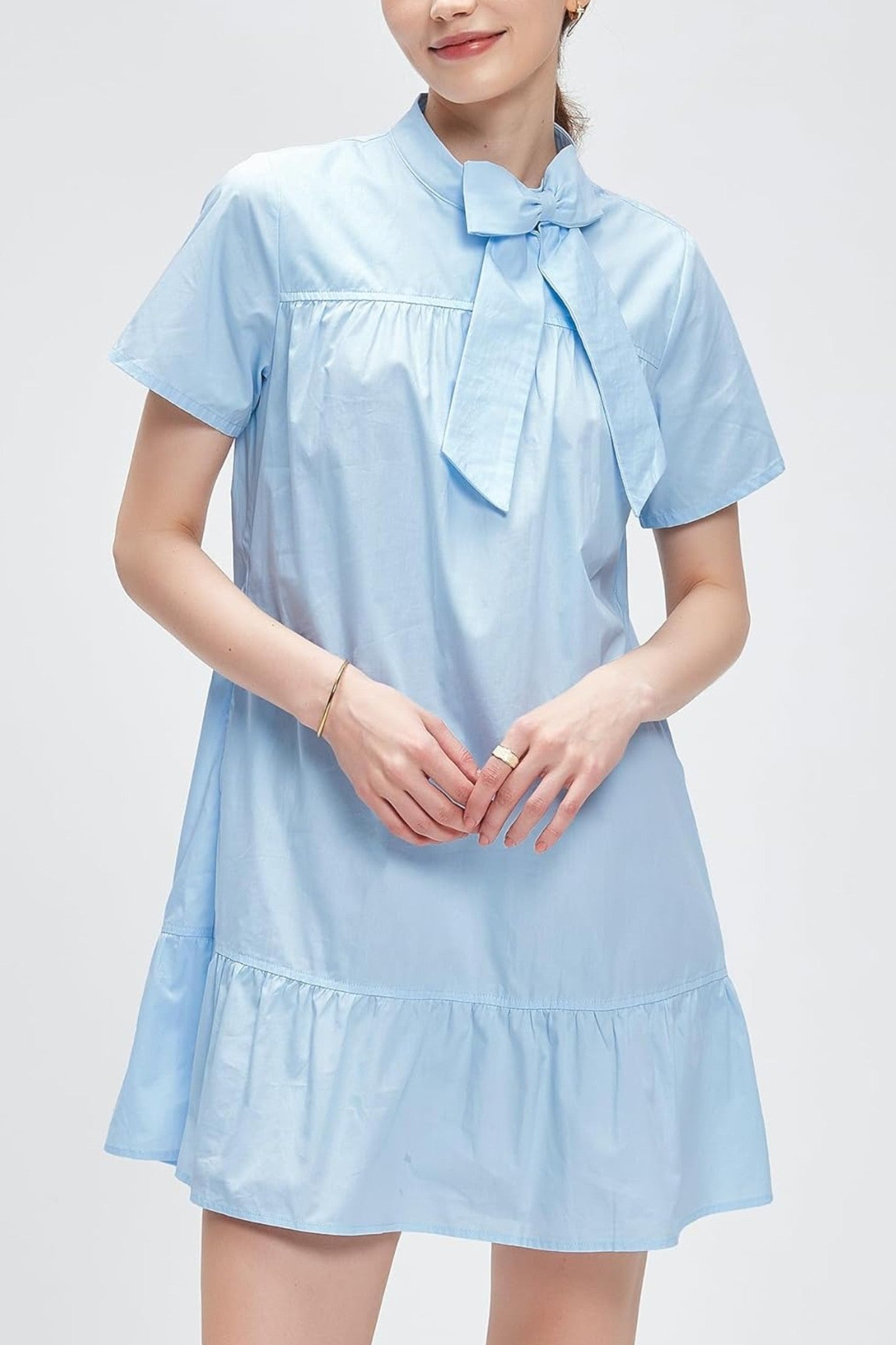 Kedera Chic Bow Tie Neck Tiered Ruffle Mini Dress