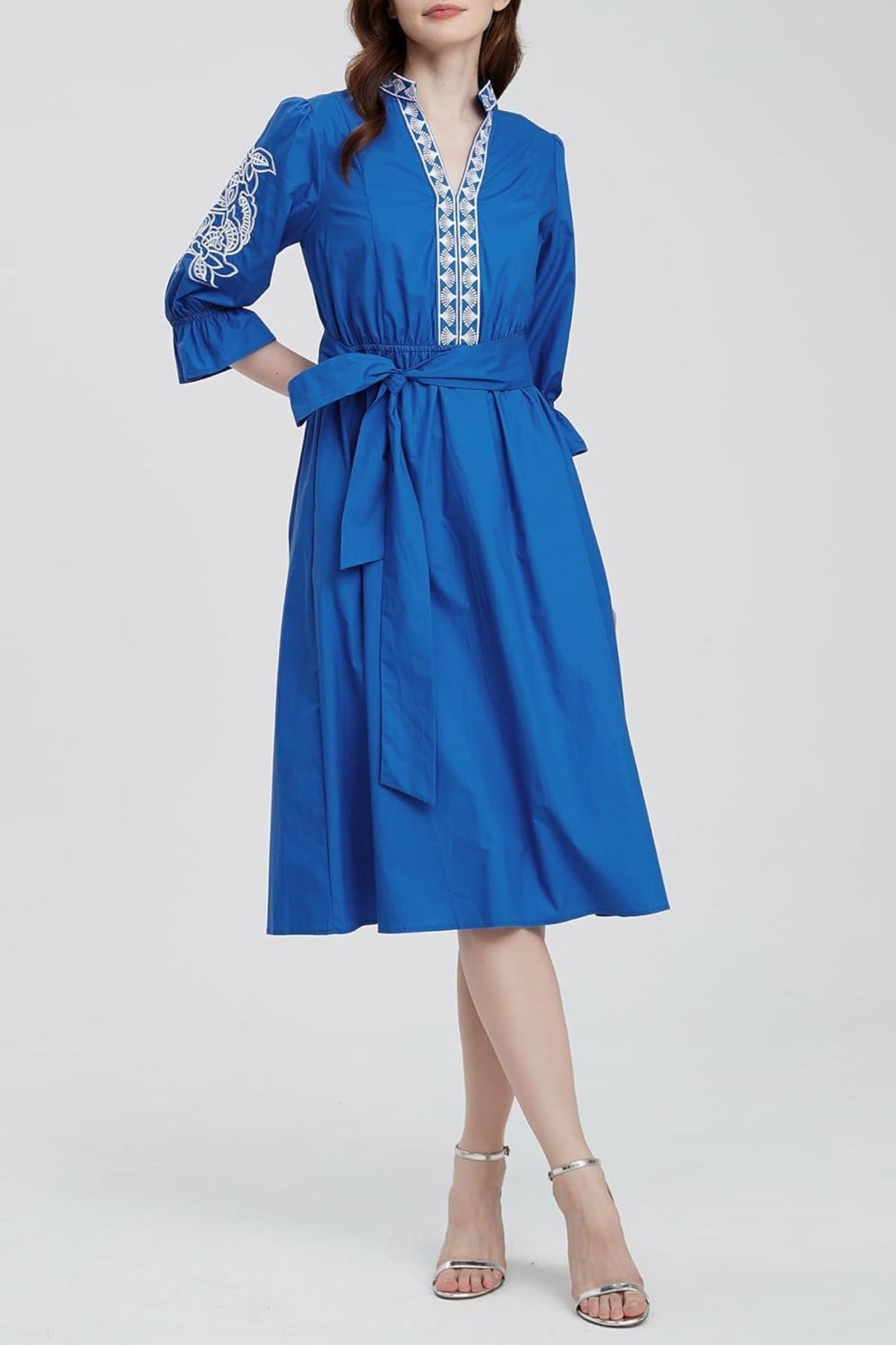 Kedera Embroidered V Neck Midi Shirt Dress With Pockets Tie Waist Flared Dress