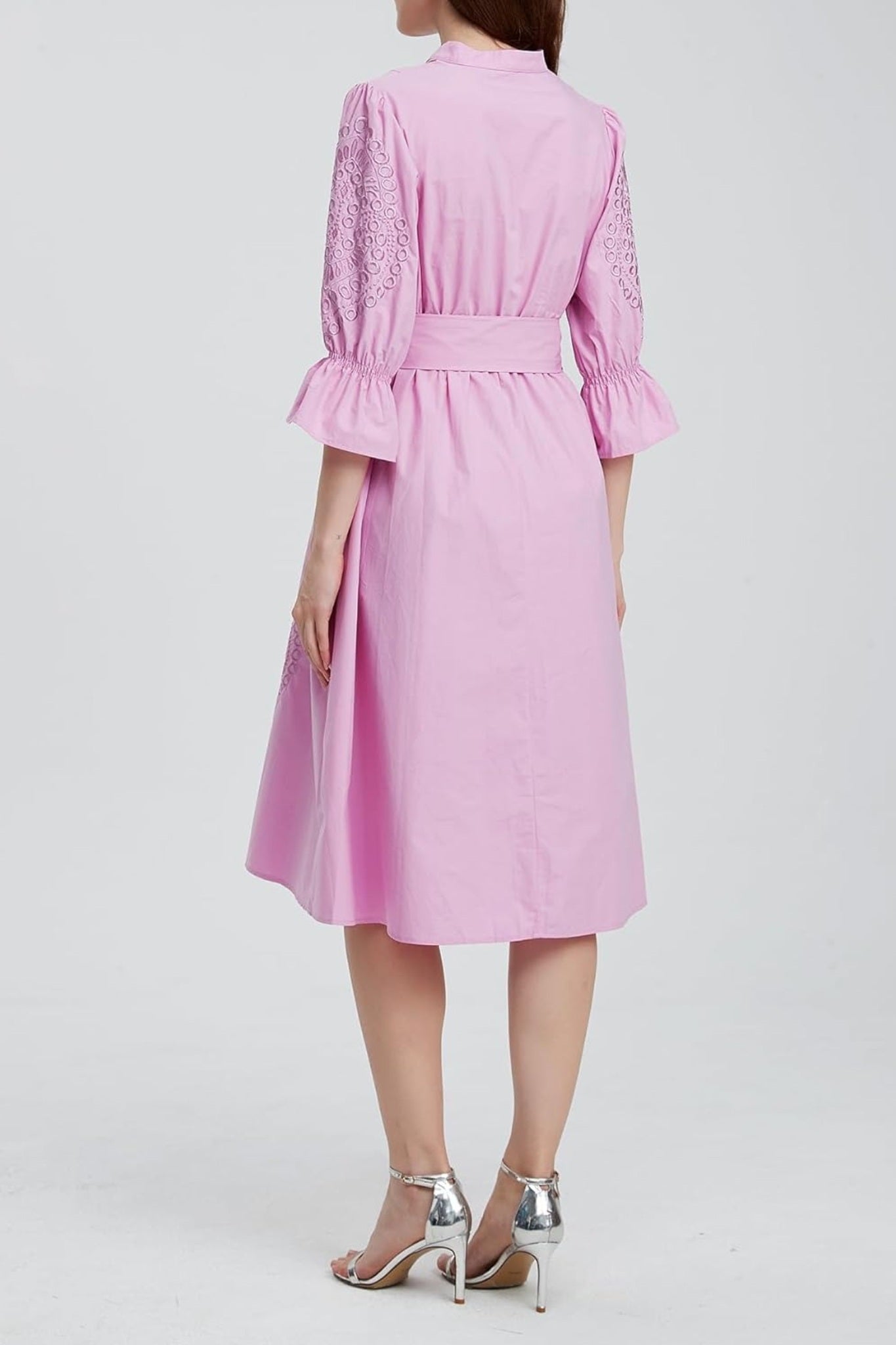Kedera Embroidered V Neck Midi Shirt Dress With Pockets Tie Waist Flared Dress