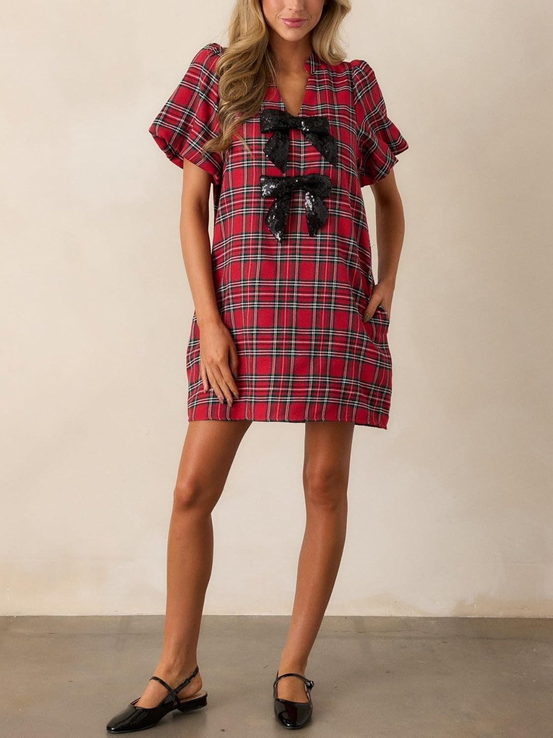 Lifeshe Bow Front Lantern Sleeve Plaid Shift Dress With Pocket