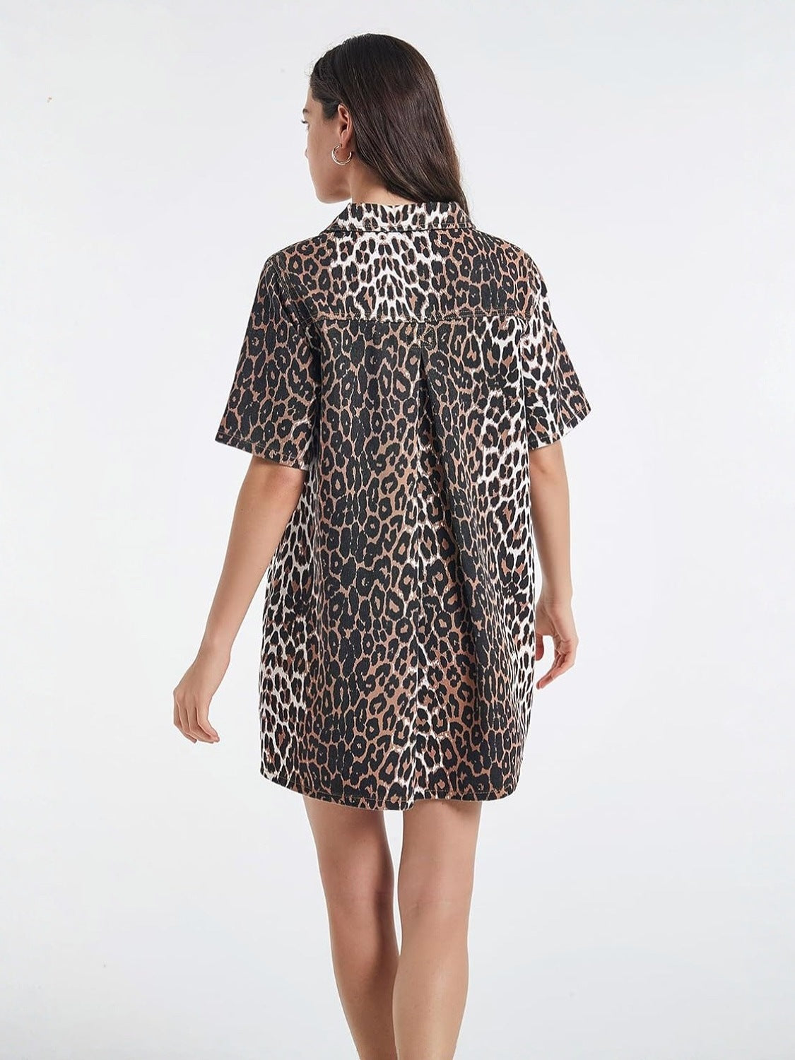 D-Sun Leopard Print Denim Shirt Dress