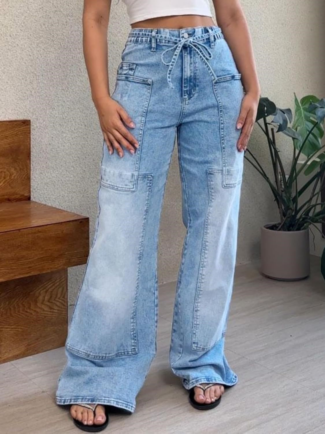 Ezapine Wide Leg Baggy Jeans With Belt