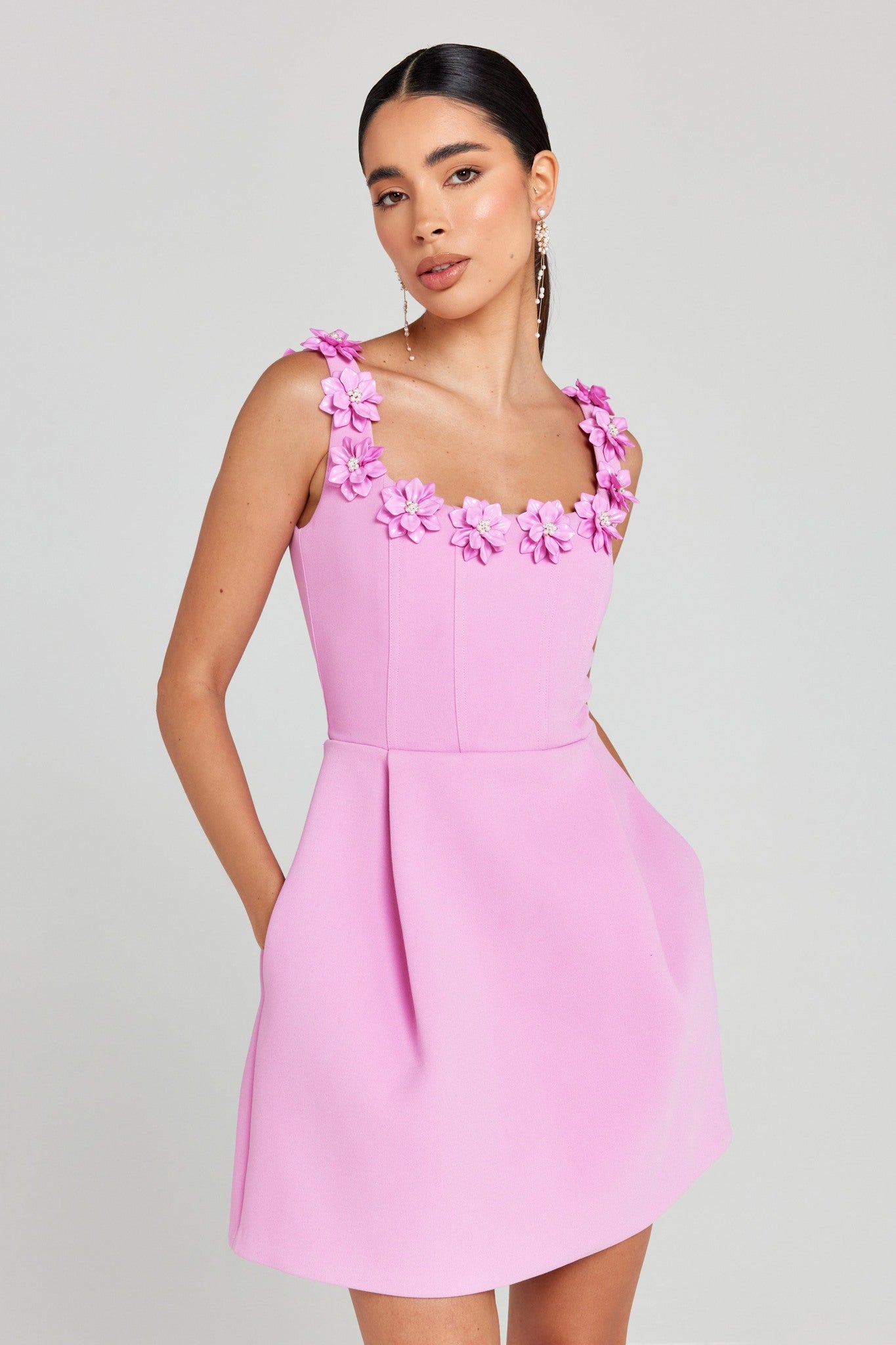 Ezabutus 3D Pearl Flower Applique Square Neck Pocketed Mini Dress
