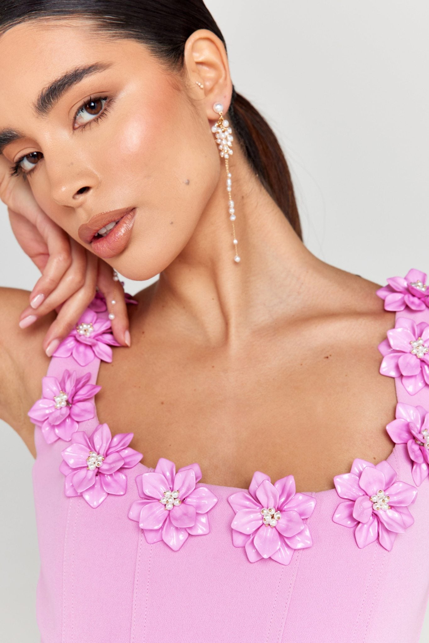Ezabutus 3D Pearl Flower Applique Square Neck Pocketed Mini Dress