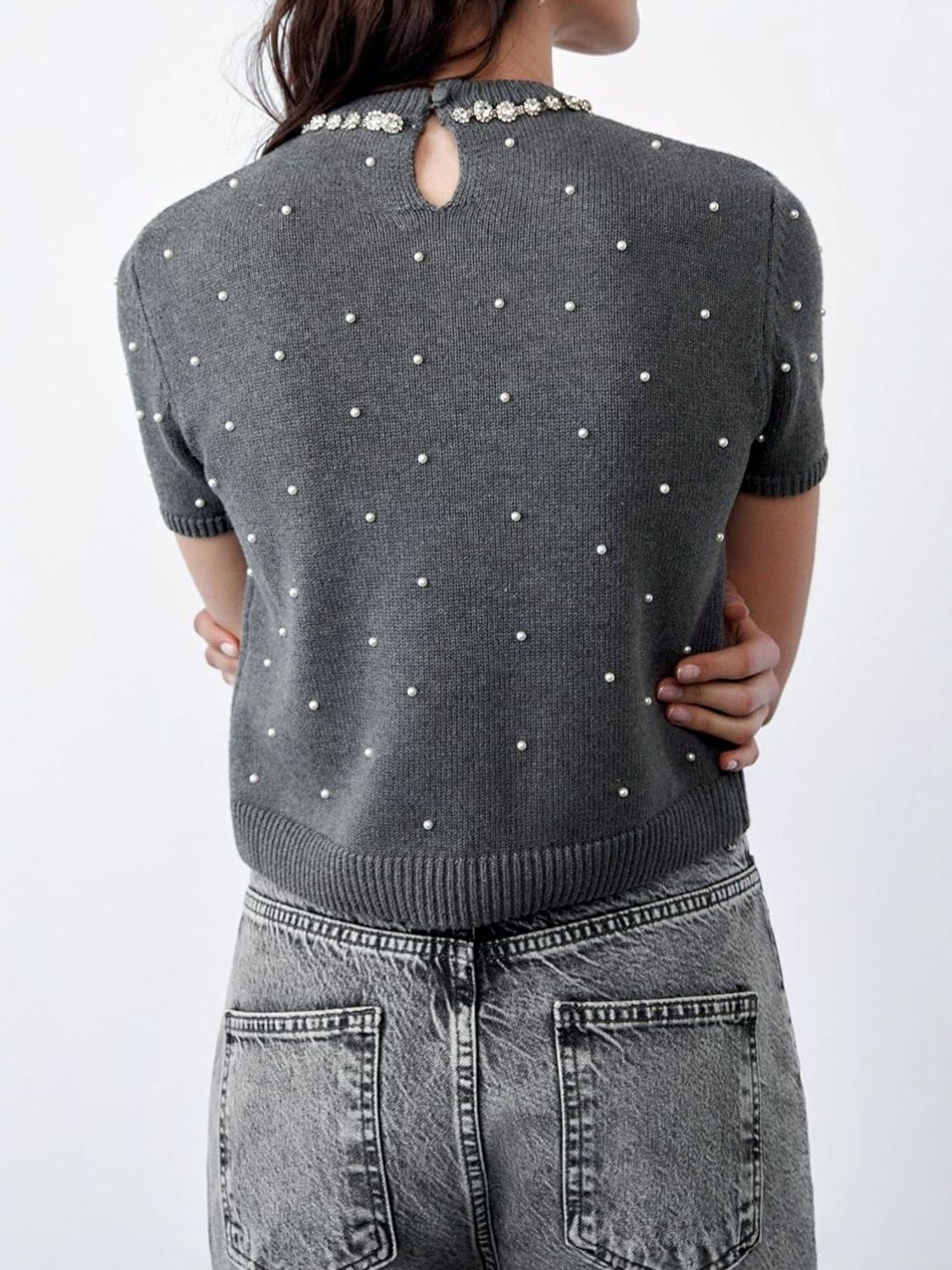 Lifeshe Pearl Embellished Crop Sweater