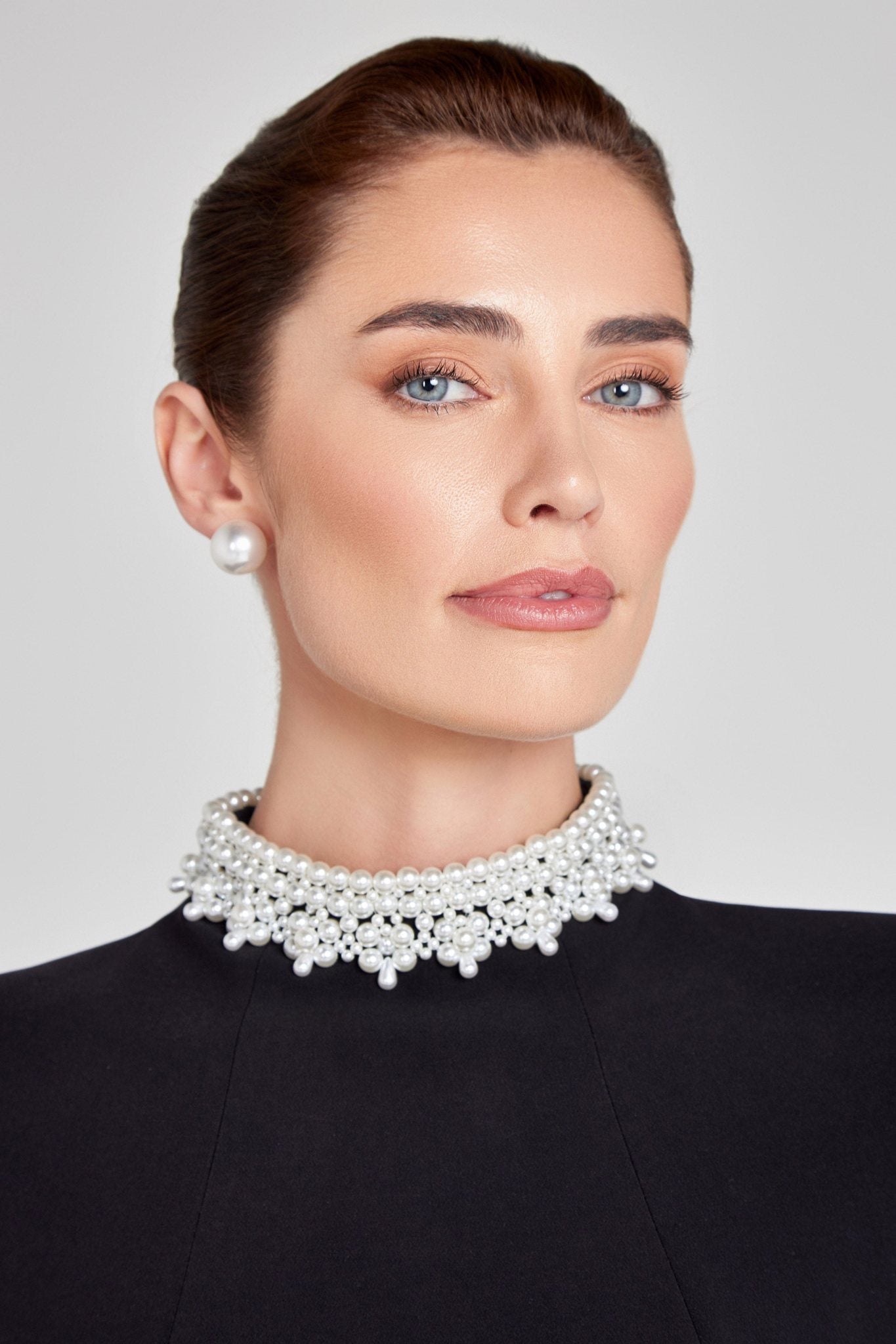 Ezabutus Pearl Trim High Neck Mini Dress – Black & White