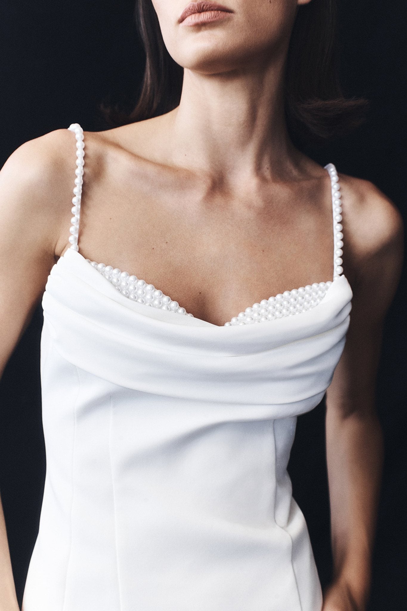 Ezabutus Pearl Trim Cowl Neck Mini Dress – Elegant White Party Dress