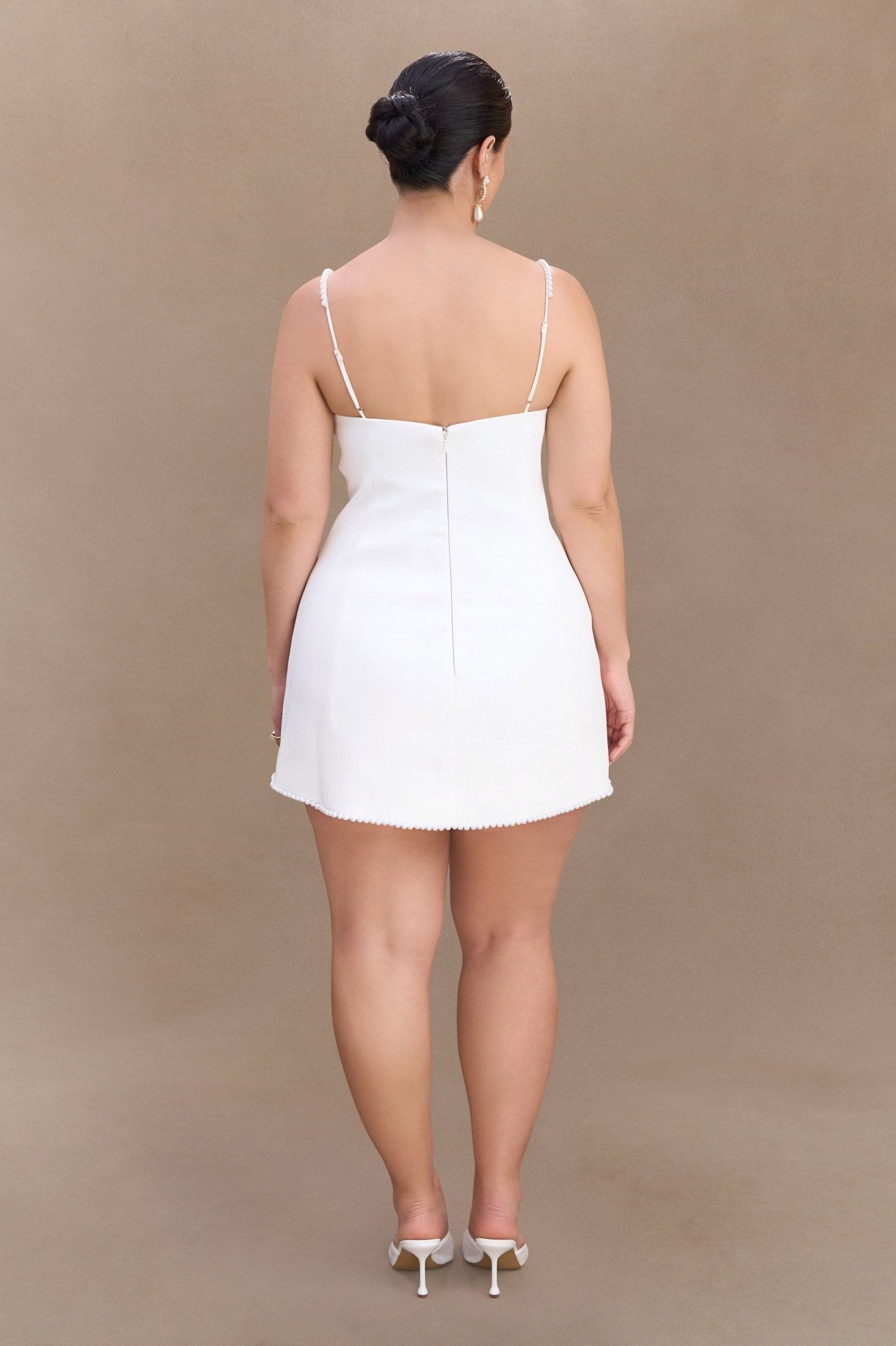 Ezabutus Pearl Trim Cowl Neck Mini Dress – Elegant White Party Dress