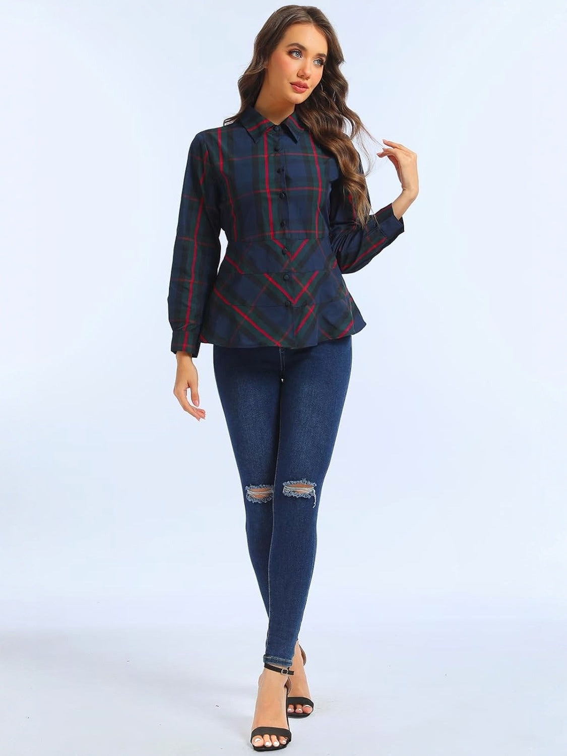 Ladyful Plaid Button Down Peplum Top