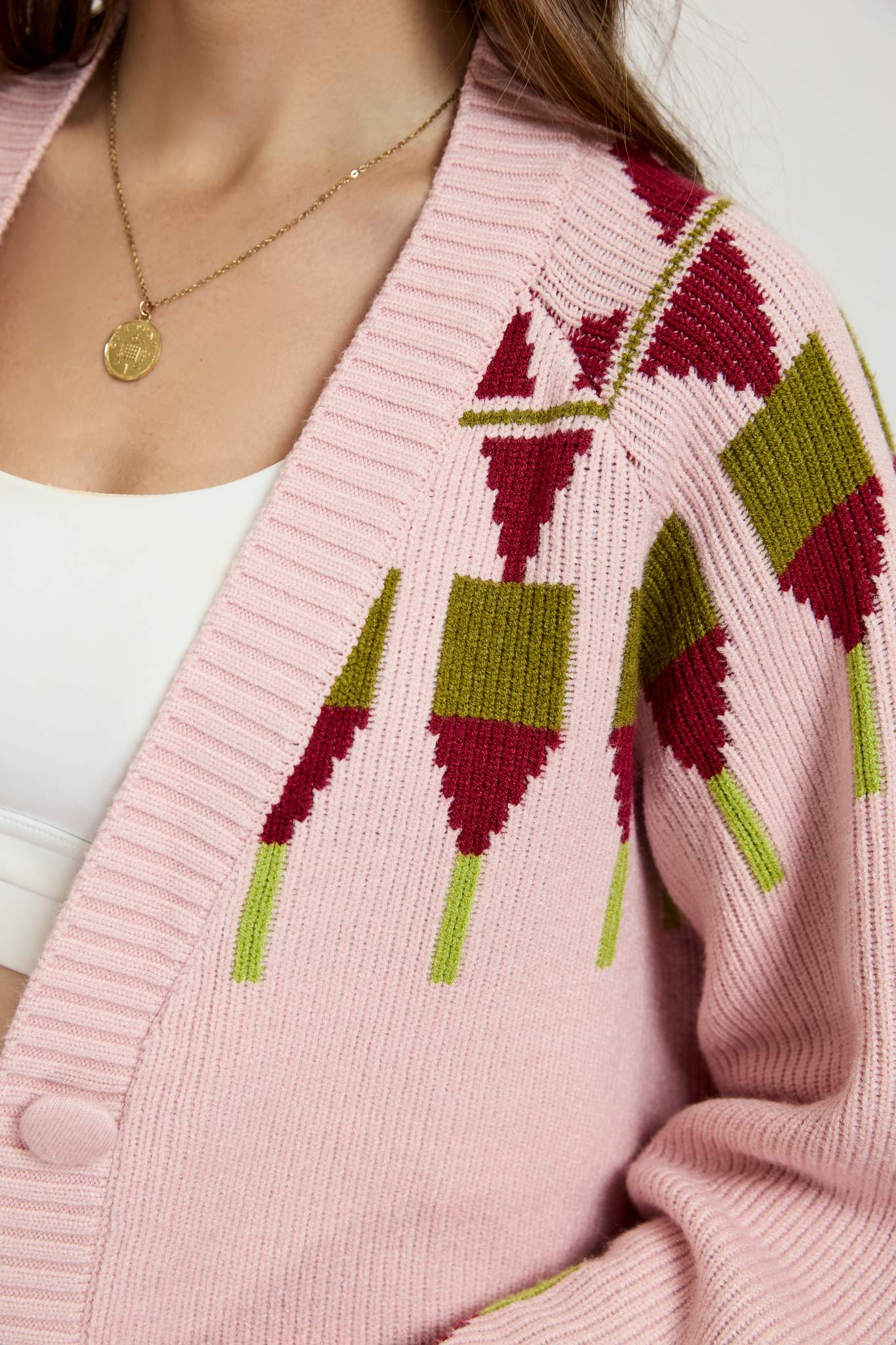 Ezabutus Pink Geometric Pattern Knit Cardigan