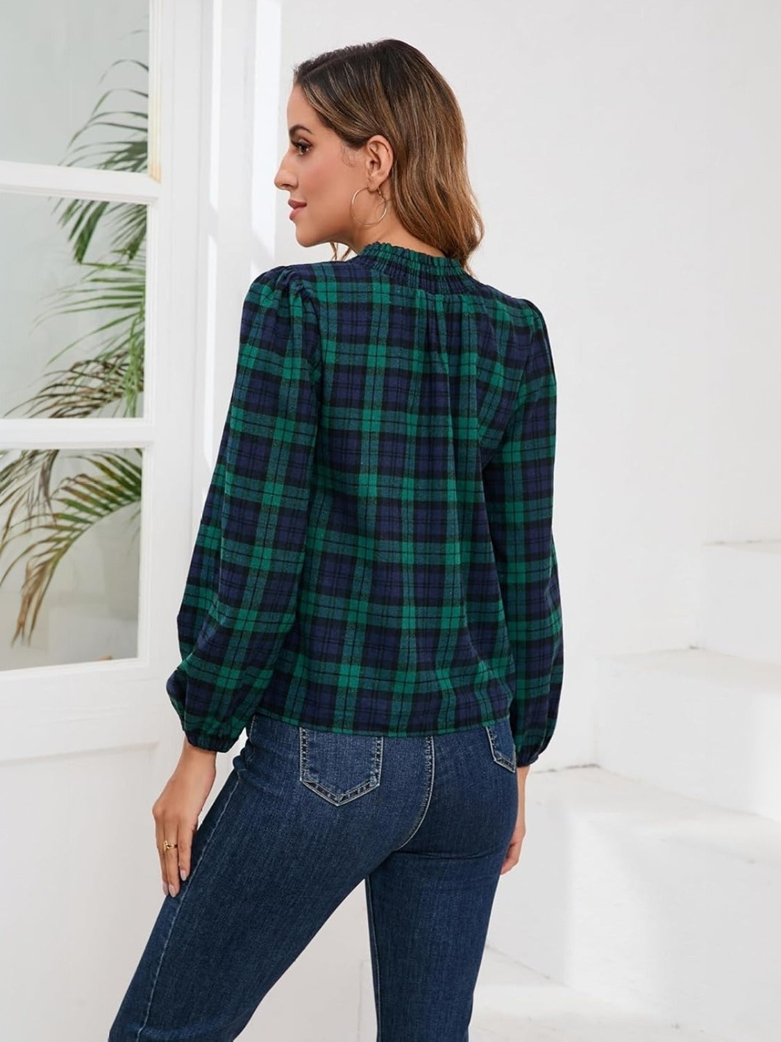Yexpine Smocked Plaid Blouse