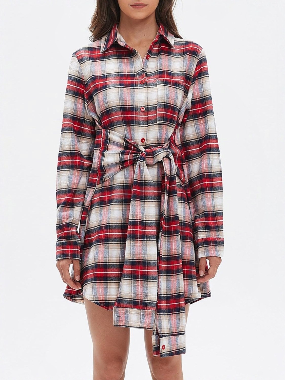 Lifeshe Tie Plaid Shirt Dress