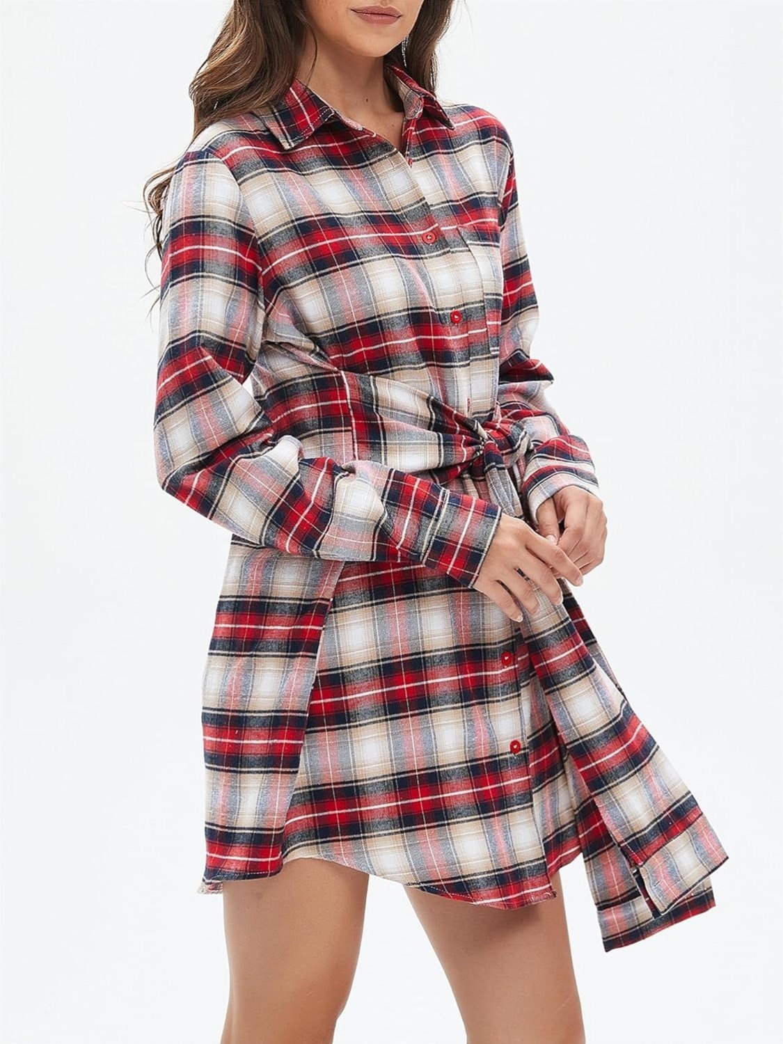 Lifeshe Tie Plaid Shirt Dress