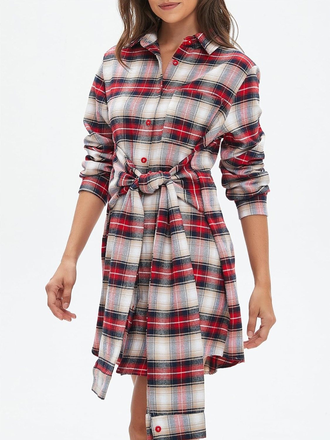 Lifeshe Tie Plaid Shirt Dress