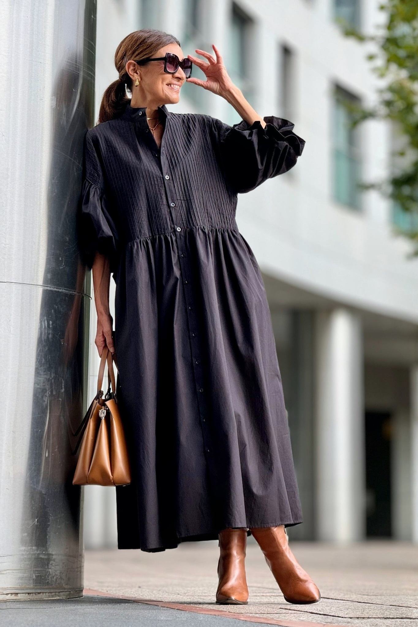 Ezabutus Oversized Puff Sleeve Cotton Midi Shirt Dress With Pockets