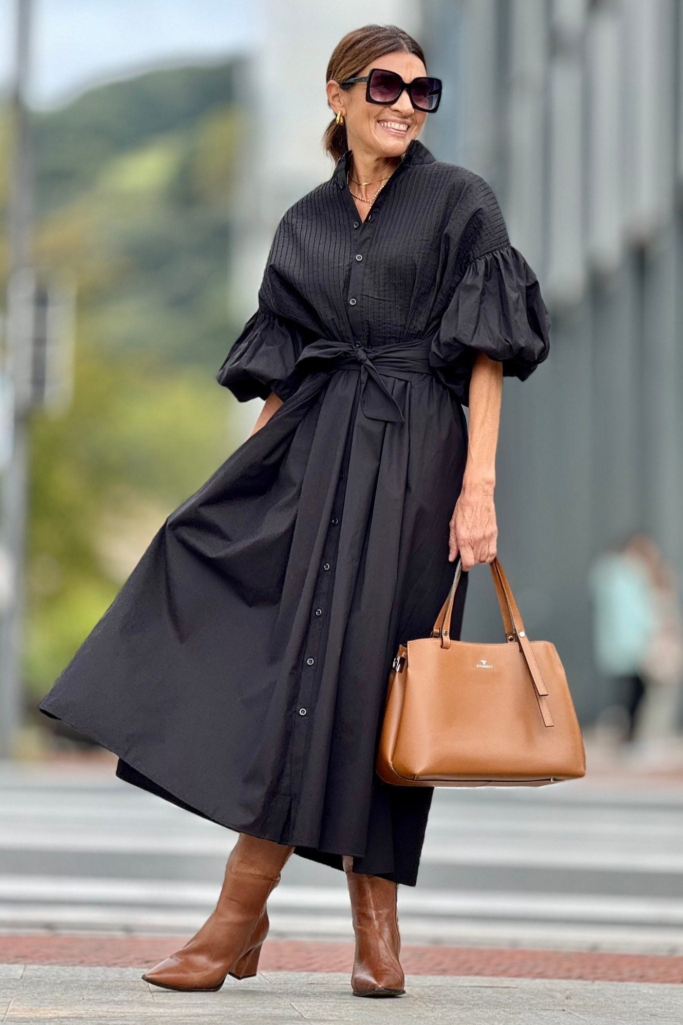 Ezabutus Oversized Puff Sleeve Cotton Midi Shirt Dress With Pockets