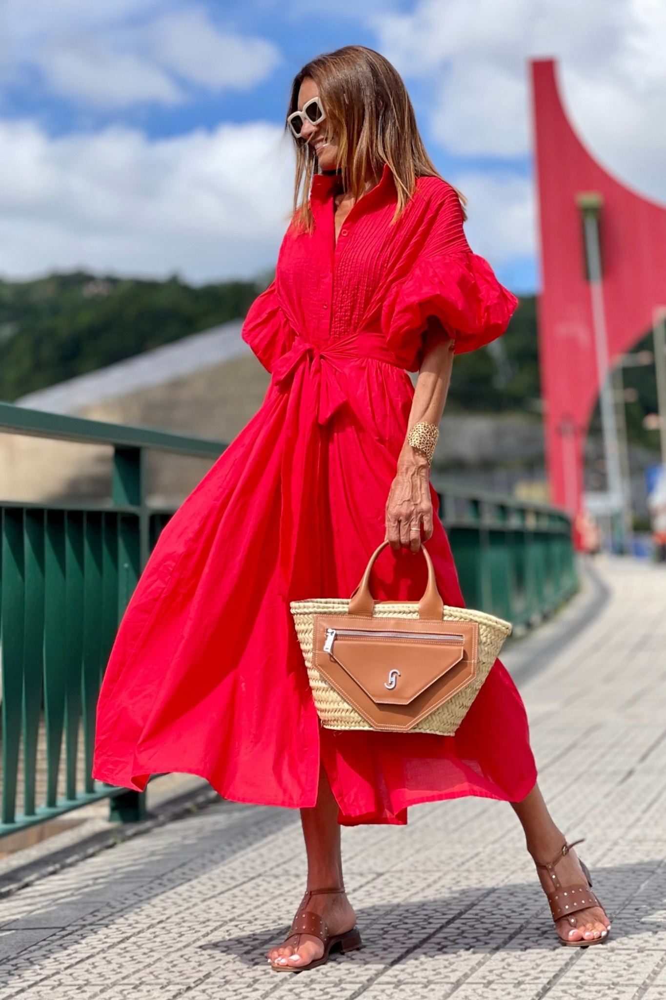 Ezabutus Oversized Puff Sleeve Cotton Midi Shirt Dress With Pockets