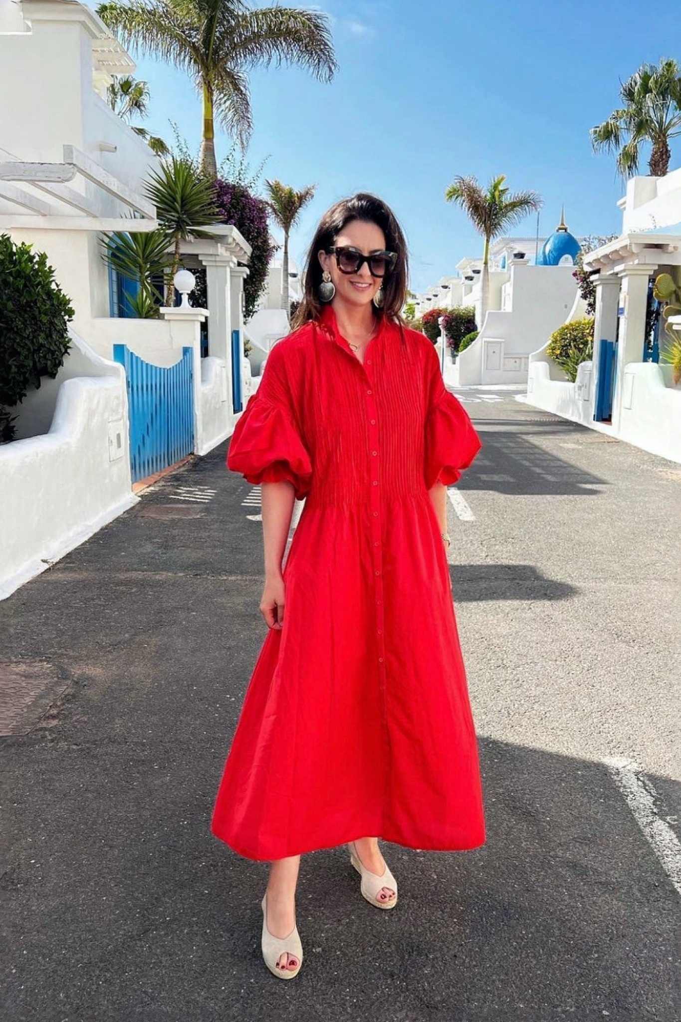 Ezabutus Oversized Puff Sleeve Cotton Midi Shirt Dress With Pockets